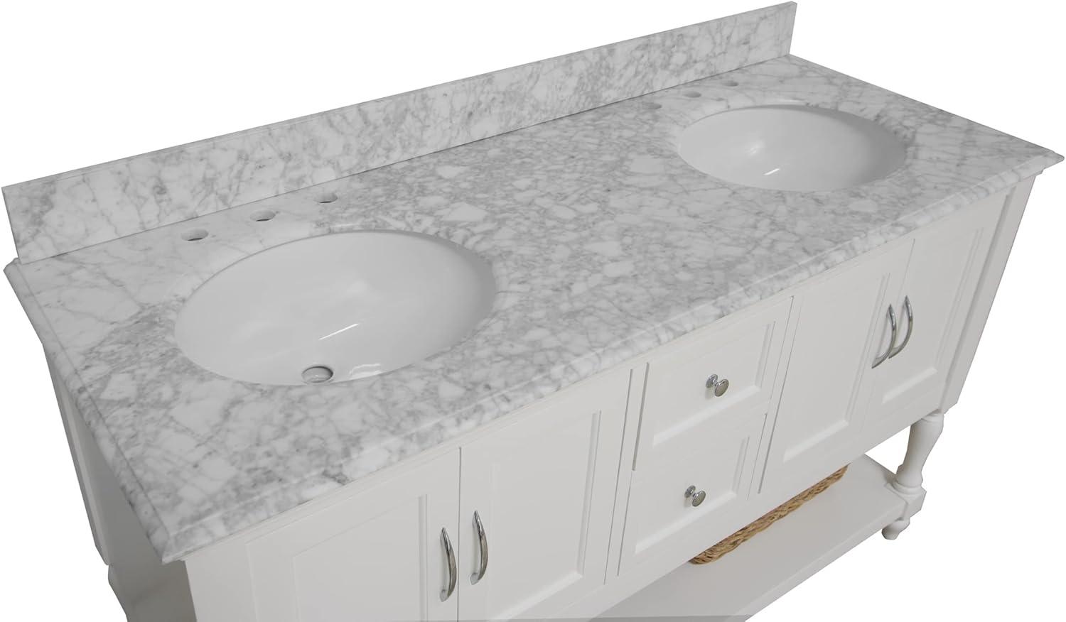 Kitchen Bath Collection Beverly 60-inch Double Bathroom Vanity (White/Carrara): Includes White Cabinet with Authentic Italian Carrara Marble Countertop and White Ceramic Sinks