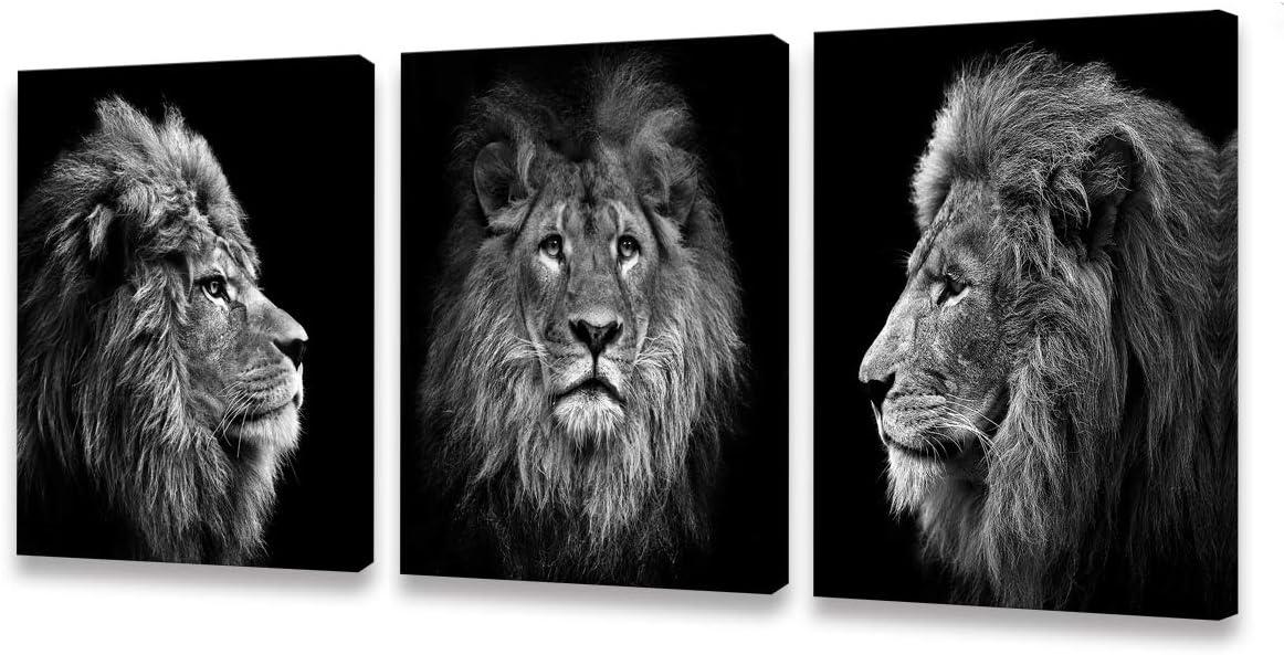 Wall Art Black and White Lion Head Portrait Wall Art Painting Pictures Print 3 Pieces Canvas Animal for Bedroom Living Room Office Wall Decor Home Decoration Framed Ready to Hang