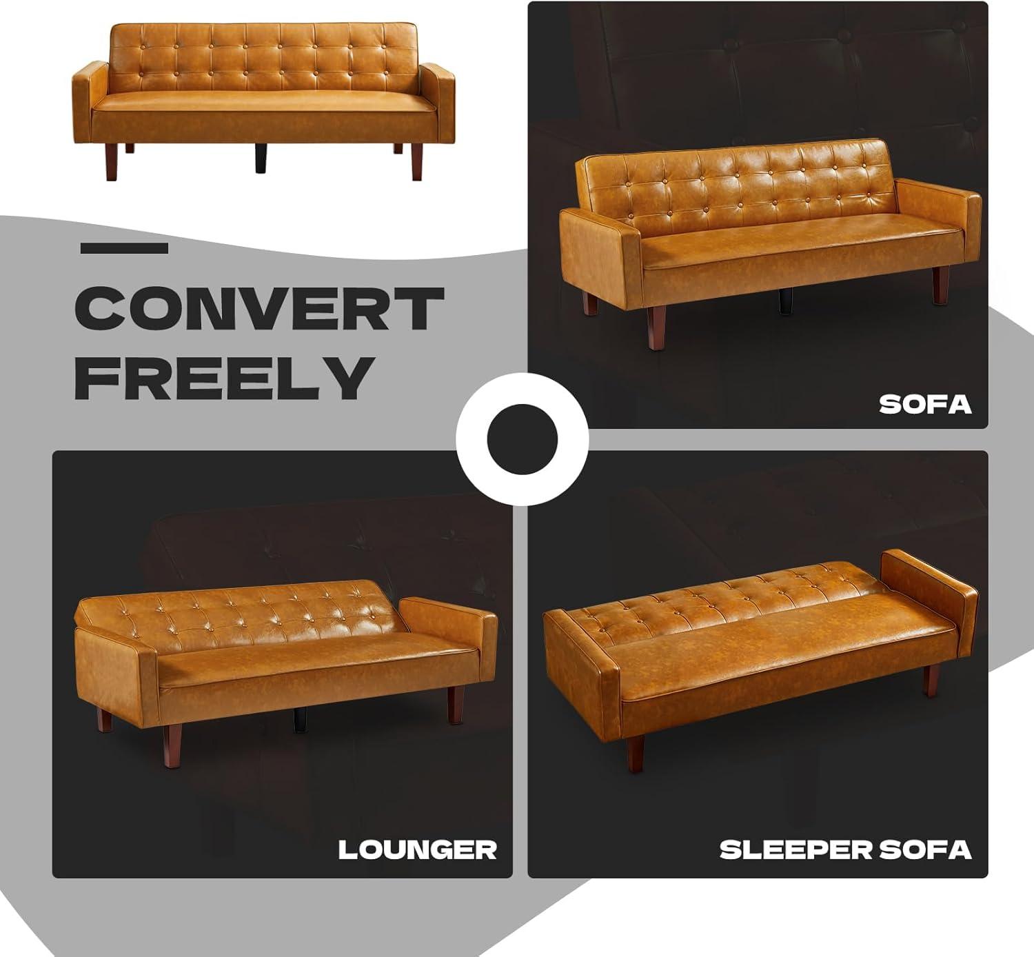 66" PU Leather Futon Sofa Bed, Adjustable Backrest Convertible Loveseat Sleeper Couch with Tapered Wood Legs for Small Space Living Room, Brown