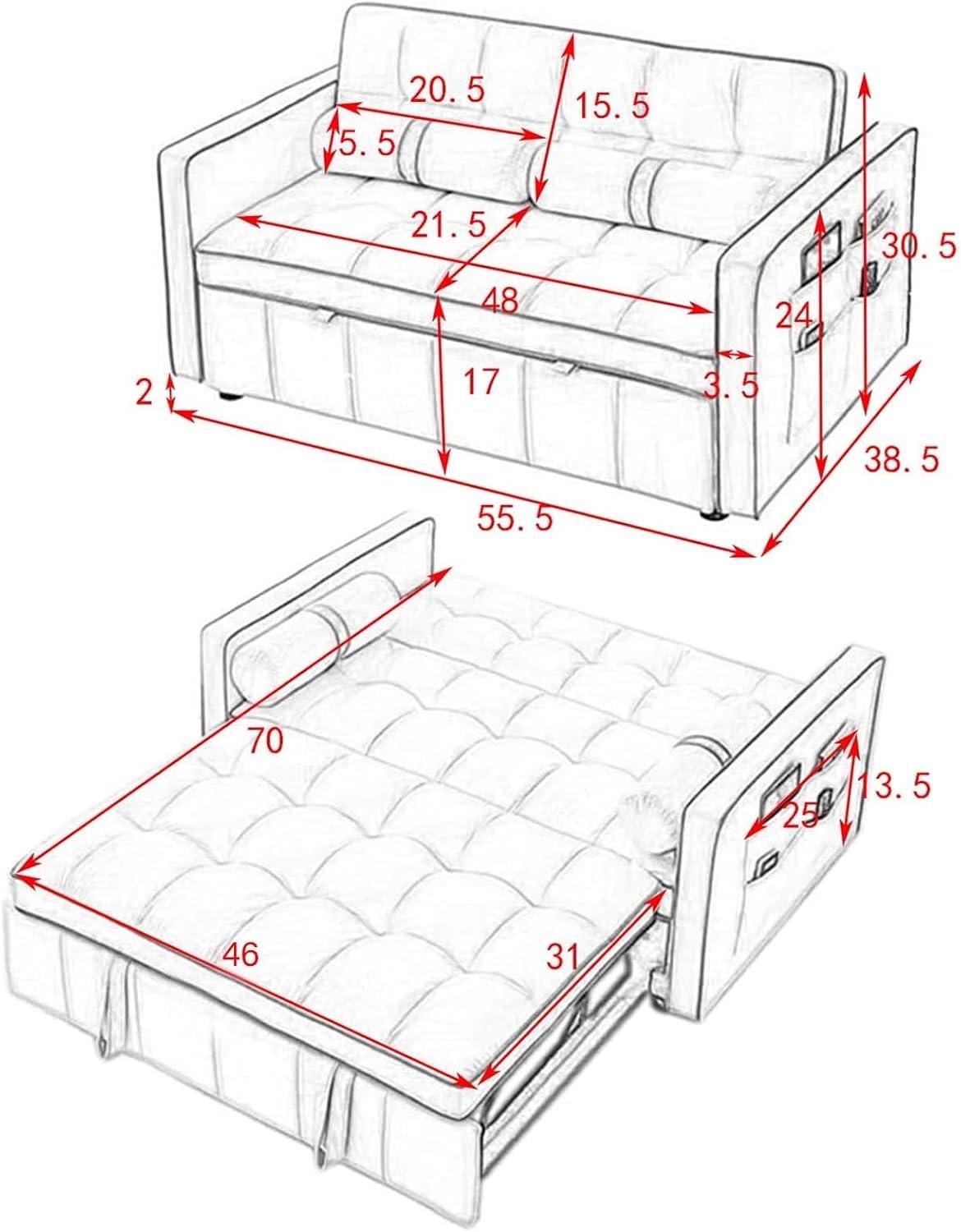 Yeahumalia 3 in 1 Convertible Velvet Loveseat Sleeper Futon Sofa Bed, Pull Out Couch with Side Table for Living Room, Bedroom, Grey