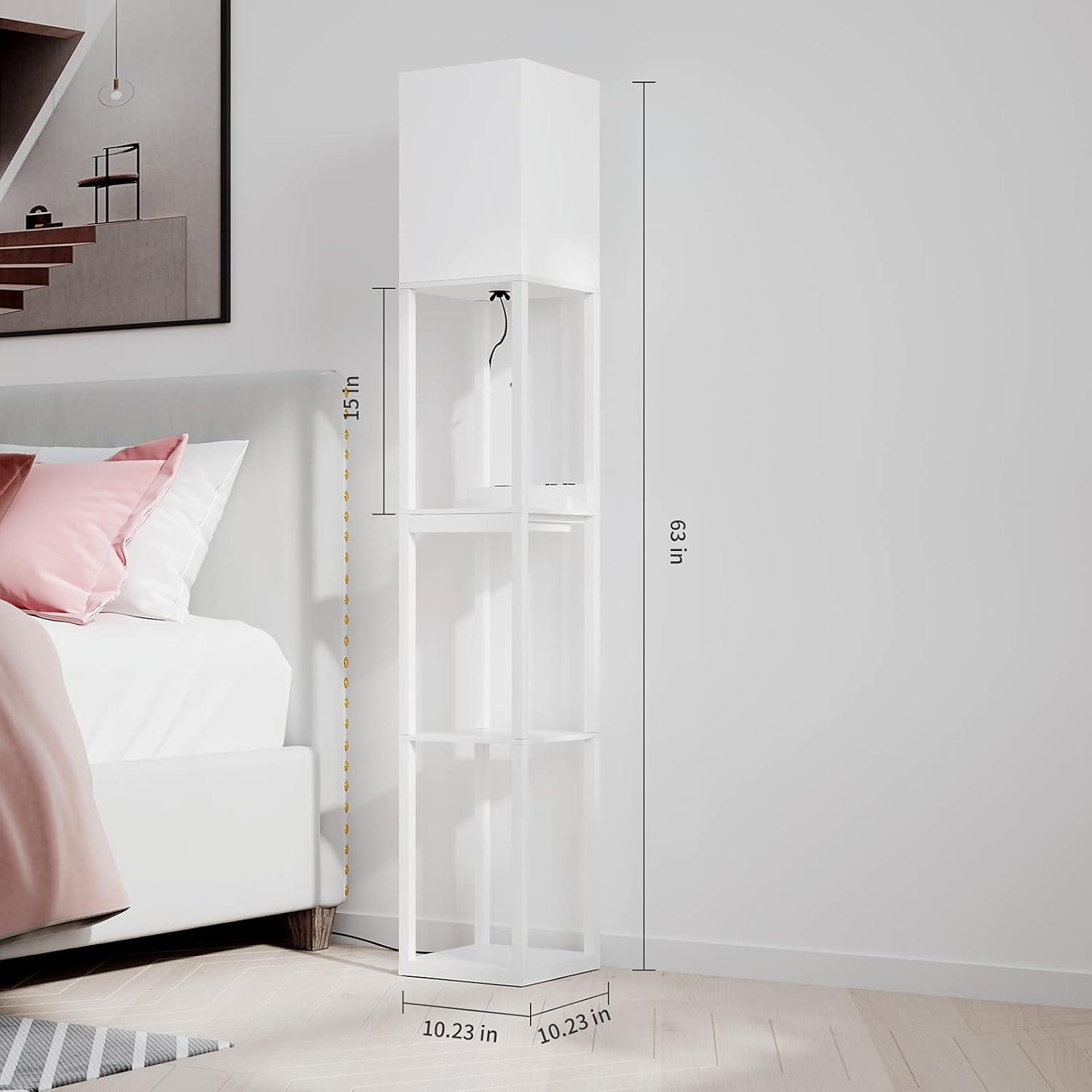 SUNMORY Floor Lamp with Shelves, Modern Dimmable Solid Wood Standing Lamp with 1 Drawer & 2 USB Ports & 2 Power Outlet, 3 Color Temperatures LED Bulb, Corner Tall Bookshelf Lamp for Living Room