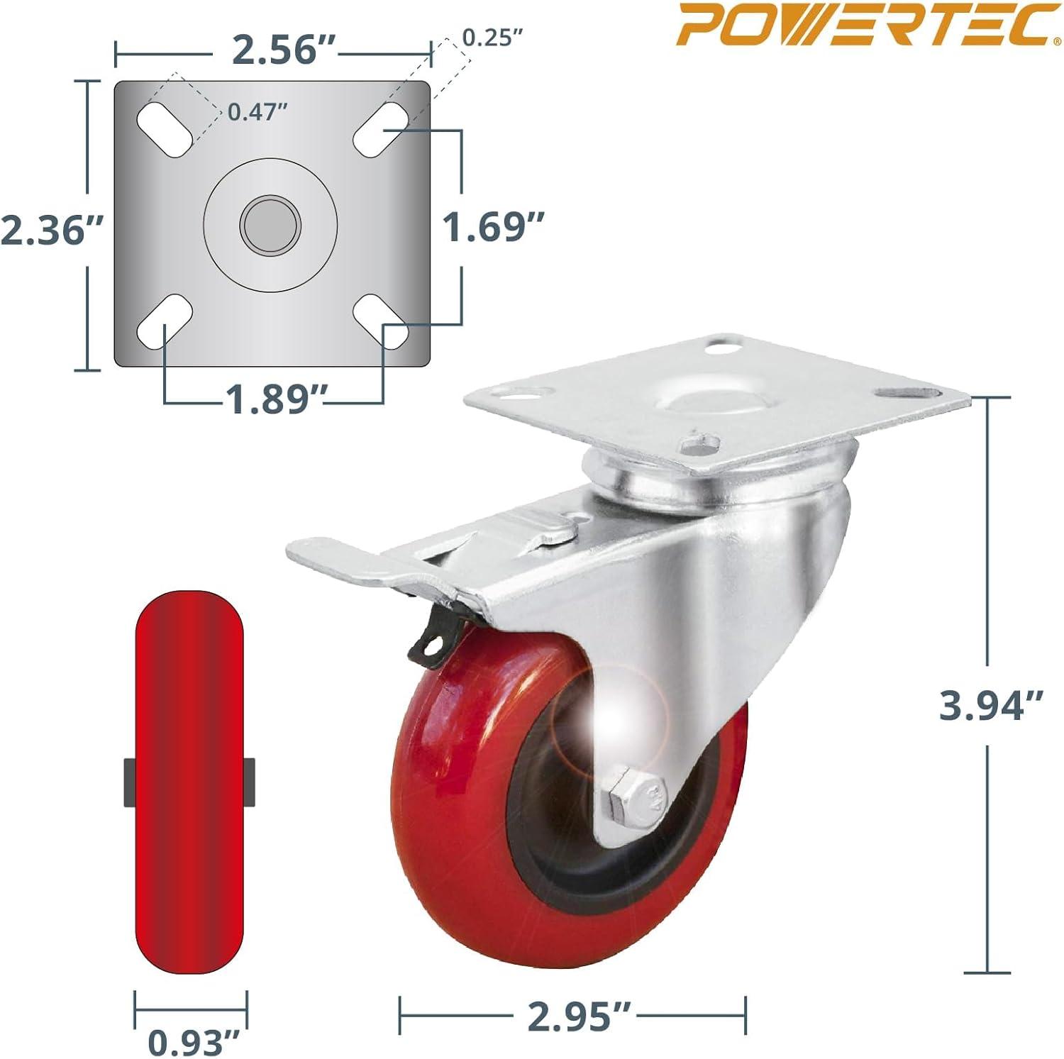 POWERTEC 3-Inch Red Polyurethane Swivel Plate Casters with Brake, Set of 4