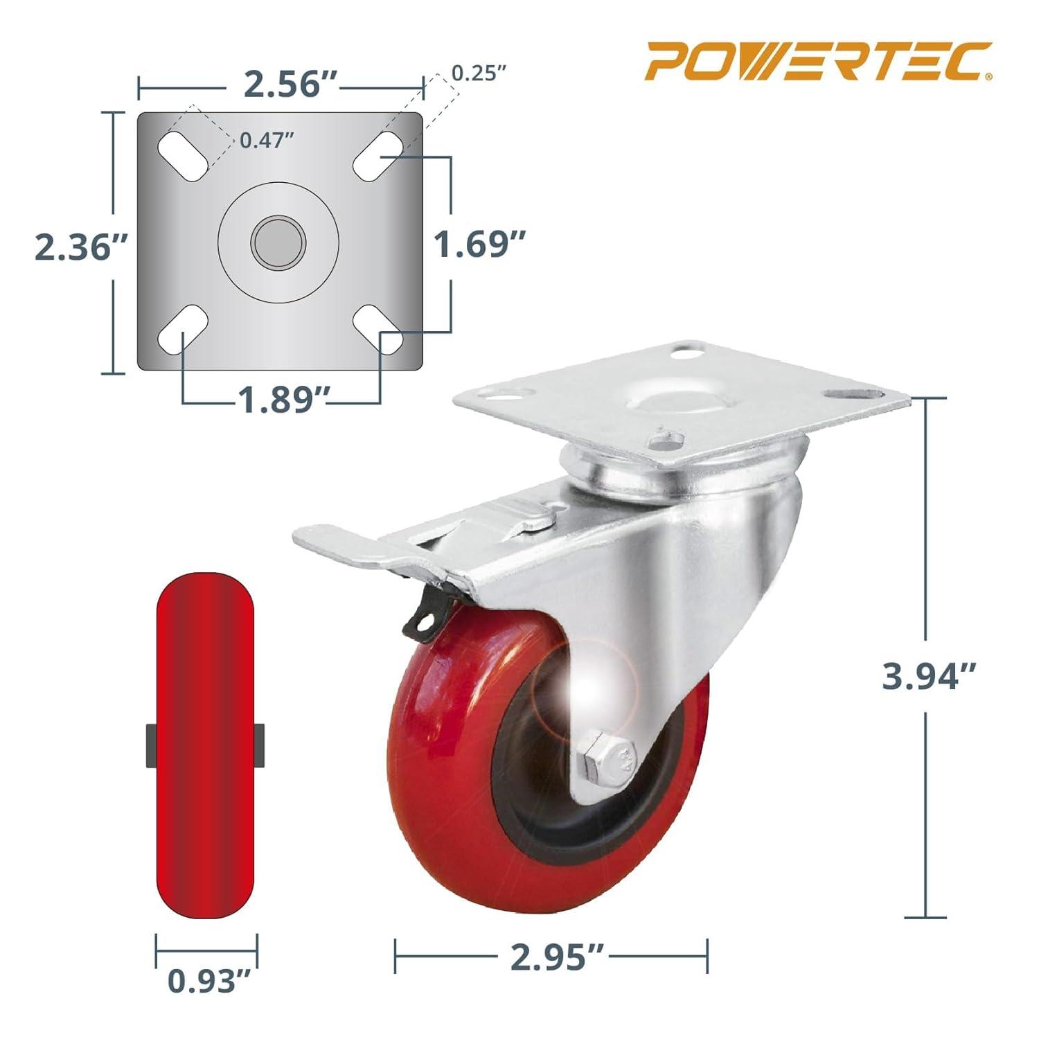 POWERTEC 4PK 3 Inch Swivel Caster Wheels with Brake & 640 lbs Loads, Heavy Duty Plate Casters, Dual Locking PU Castor Wheels for Furniture, Cart, Dolly and Workbenches (17205)