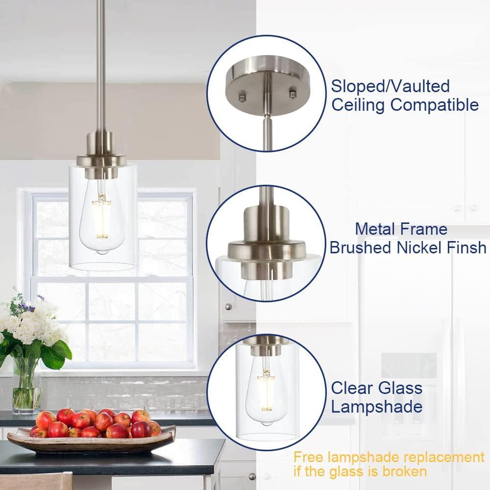 1-Light 5.75" Minimalist Industrial Farmhouse Adjustable Hanging Clear Cylinder Glass Pendant Metallic Silver - Lalia Home: UL Listed, E26 Base