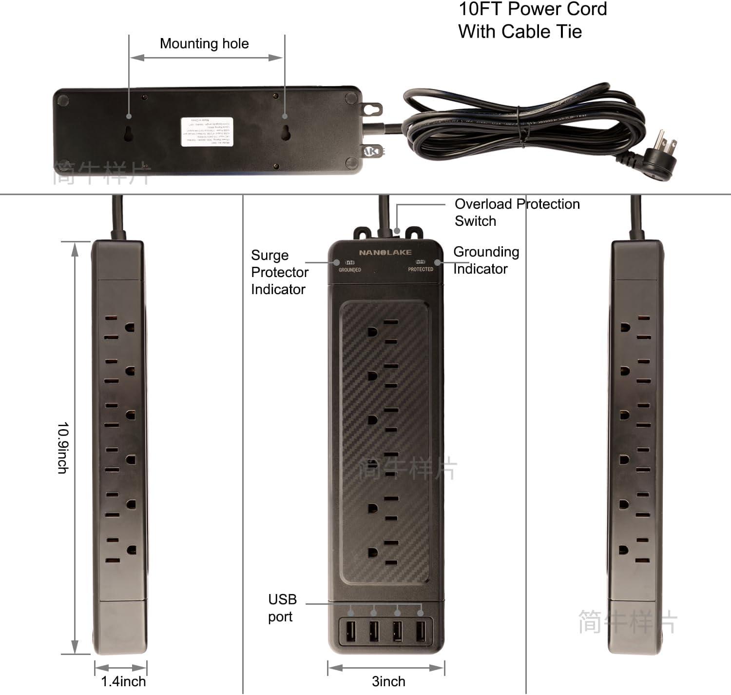 Surge Protector Power Strip 10 ft Cord Heavy Duty High Joules Surge Protection (4800J),18AC,4 USB Ports (2A+2C PD20W Total 37W),1875W 15A,for Commercial,Industrial,Office,Home,College,Black