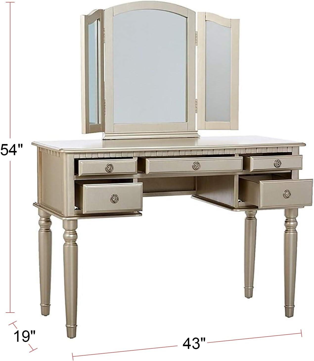 Saltoro Sherpi 3 Piece Adult Elegant Functional 5 Drawers and Stool Table Set Silver
