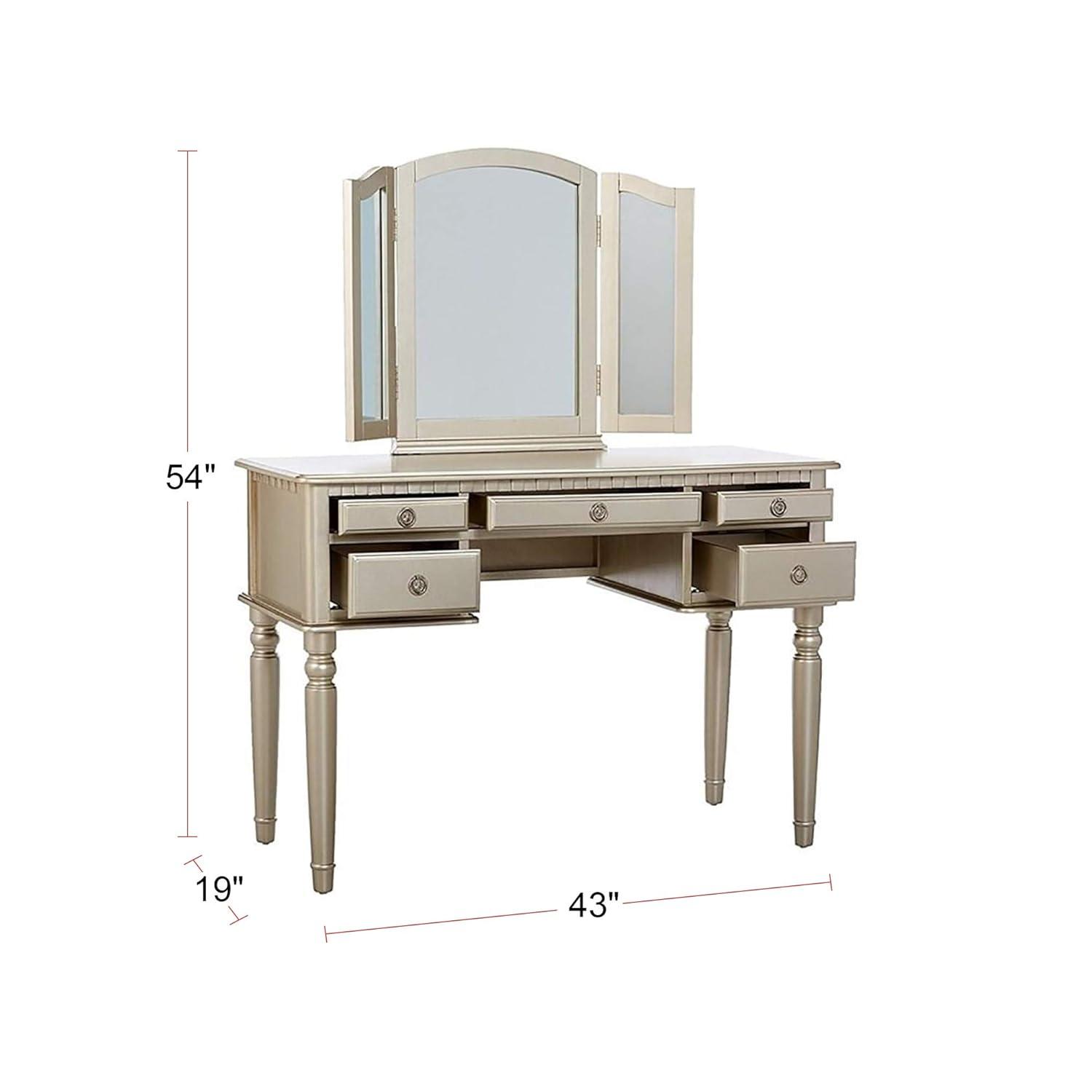 Saltoro Sherpi 3 Piece Adult Elegant Functional 5 Drawers and Stool Table Set Silver