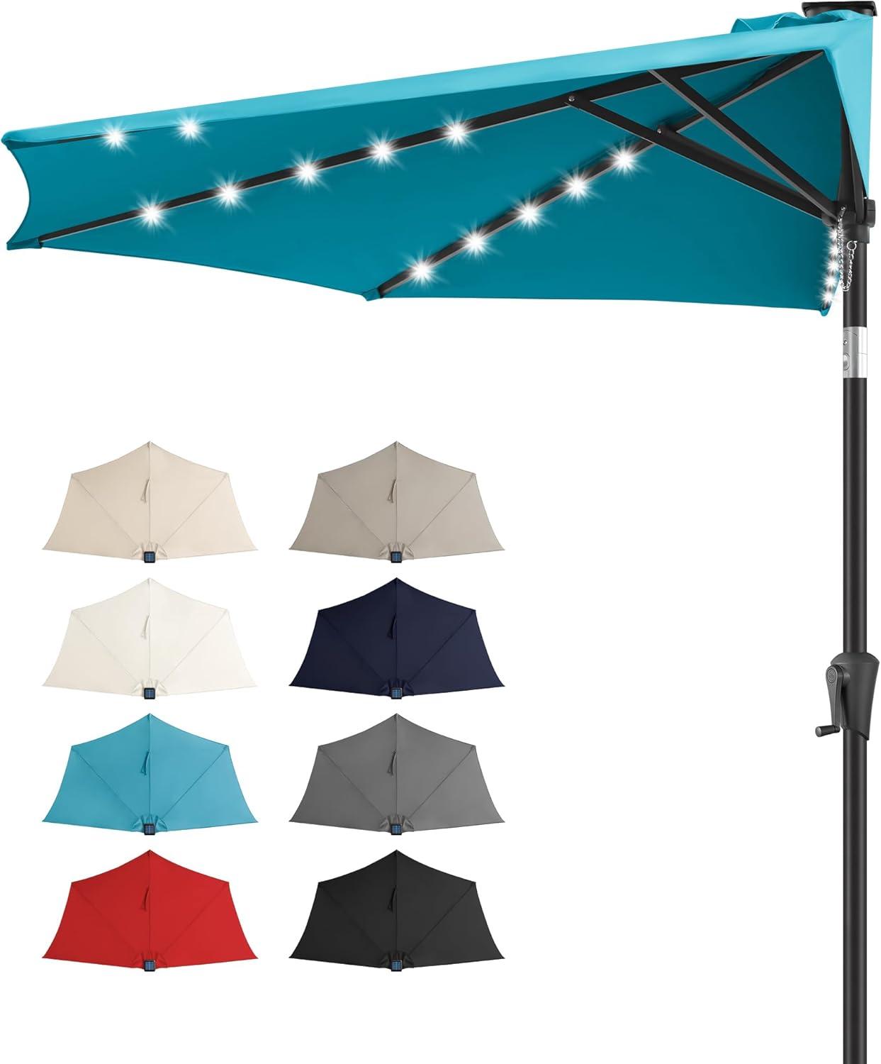 FLAME&SHADE 9 ft Half Round Solar Powered Outdoor Market Patio Table Umbrella for Wall Balcony with LED Lights and Tilt, Aqua Blue