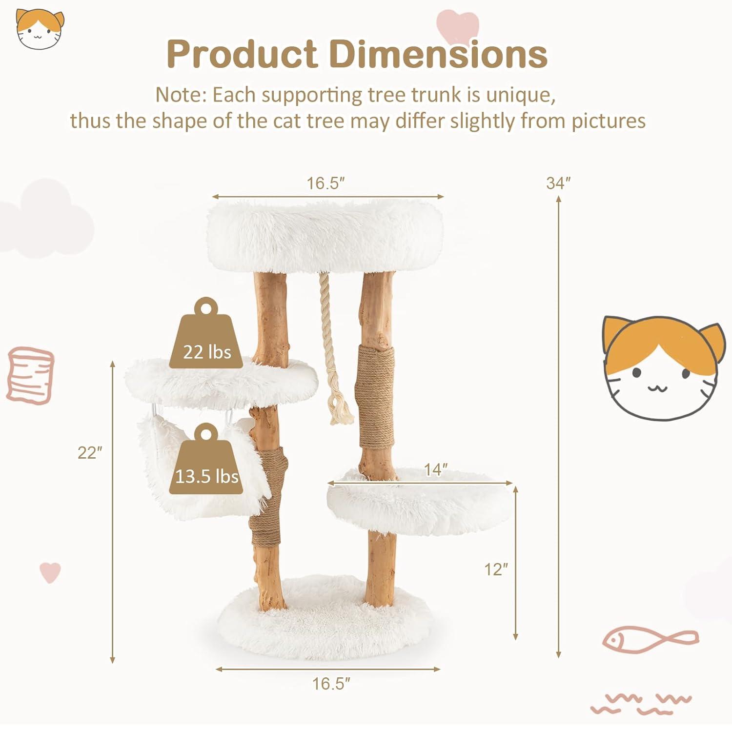 Tangkula 34" Tall Wooden Cat Tree Solid Wood Cat Tower with Jute Scratching Posts