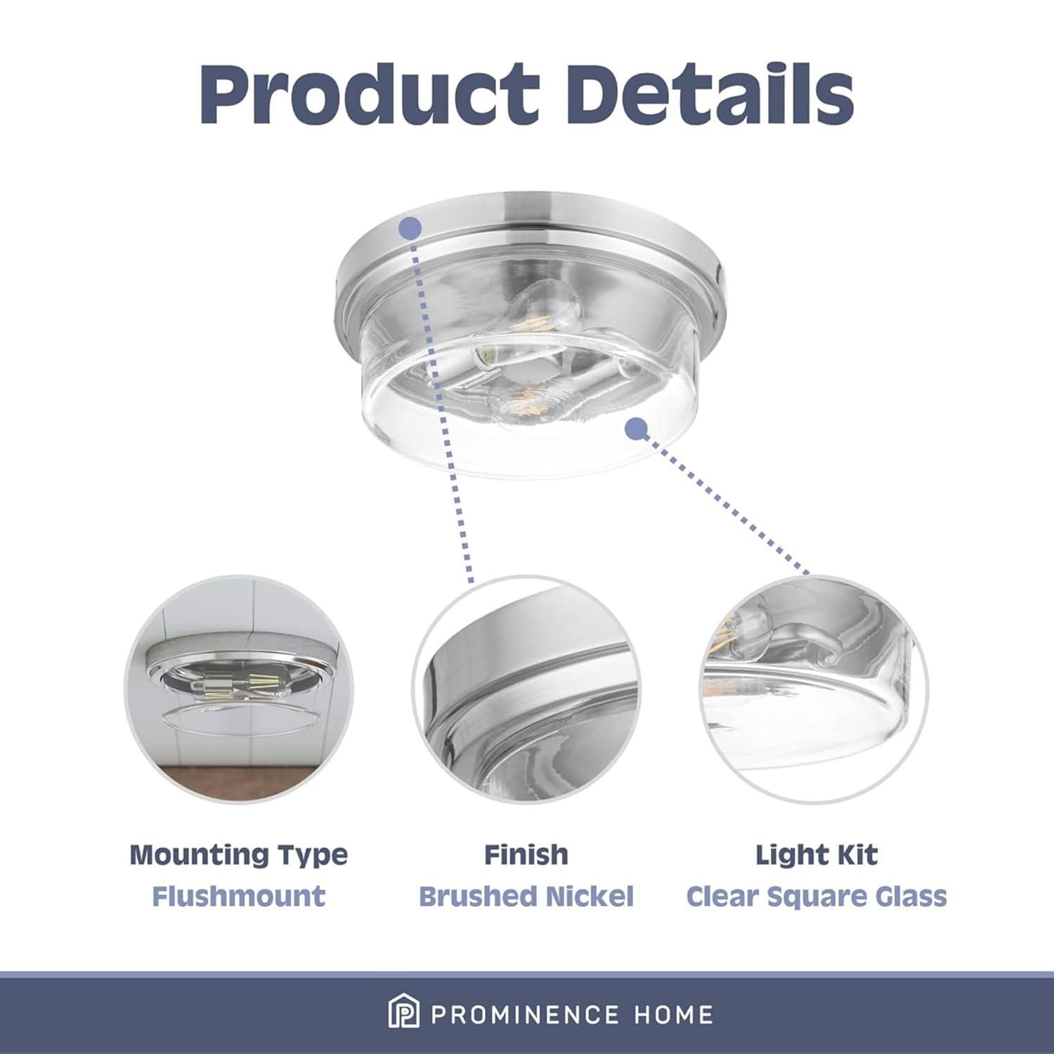 Prominence Home Madelyn 13" Brushed Nickel Flush Mount Indoor/Outdoor Light with Square Clear Glass Shade