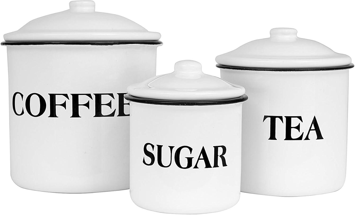 Storied Home Set of 3 'Coffee Tea Sugar' Metal Containers with Lid: Kitchen Canister Set for Coffee & Tea Storage