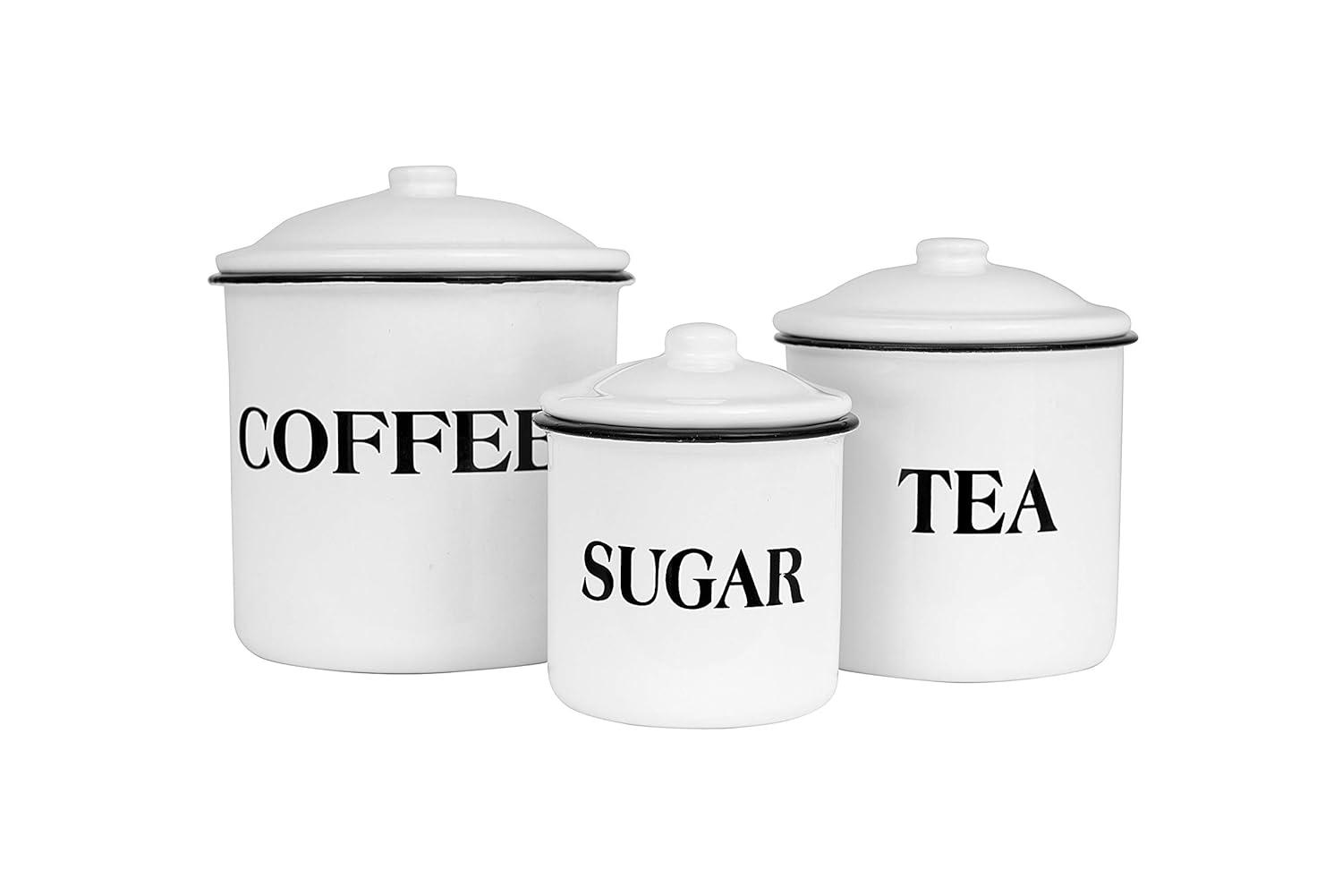 Storied Home Set of 3 'Coffee Tea Sugar' Metal Containers with Lid: Kitchen Canister Set for Coffee & Tea Storage