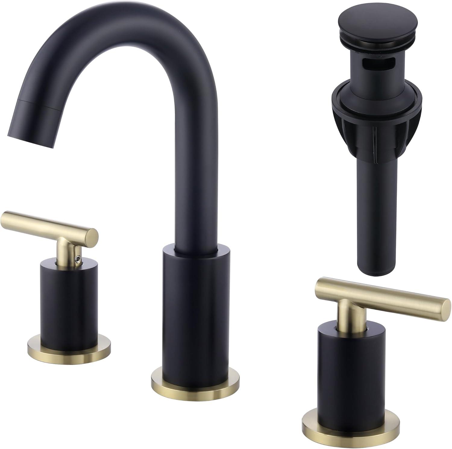 8-Inch Widespread Black and Gold Stainless Steel Bathroom Faucet