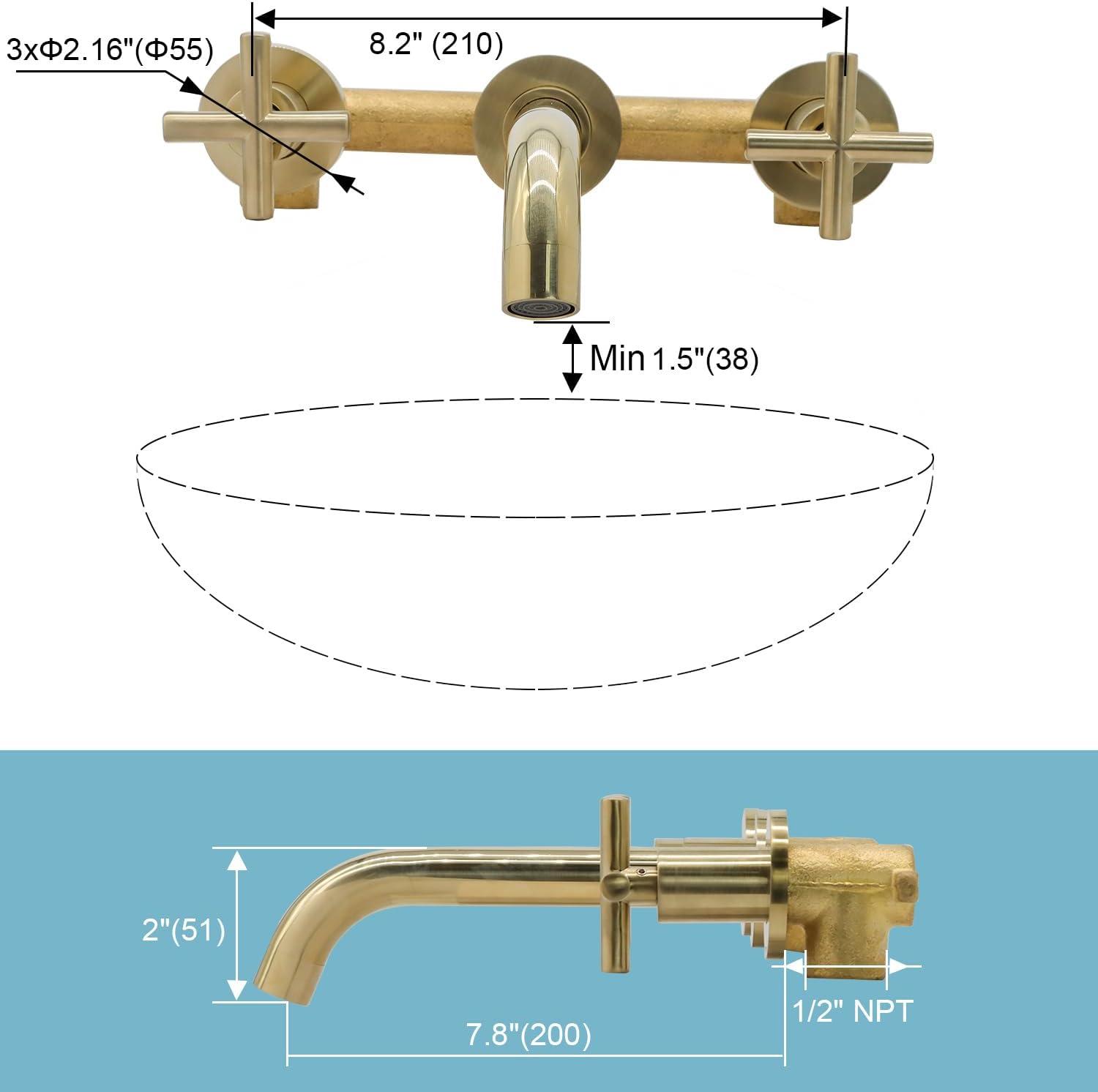 Brushed Gold Wall Mounted Bathroom Faucet with Dual Cross Handles