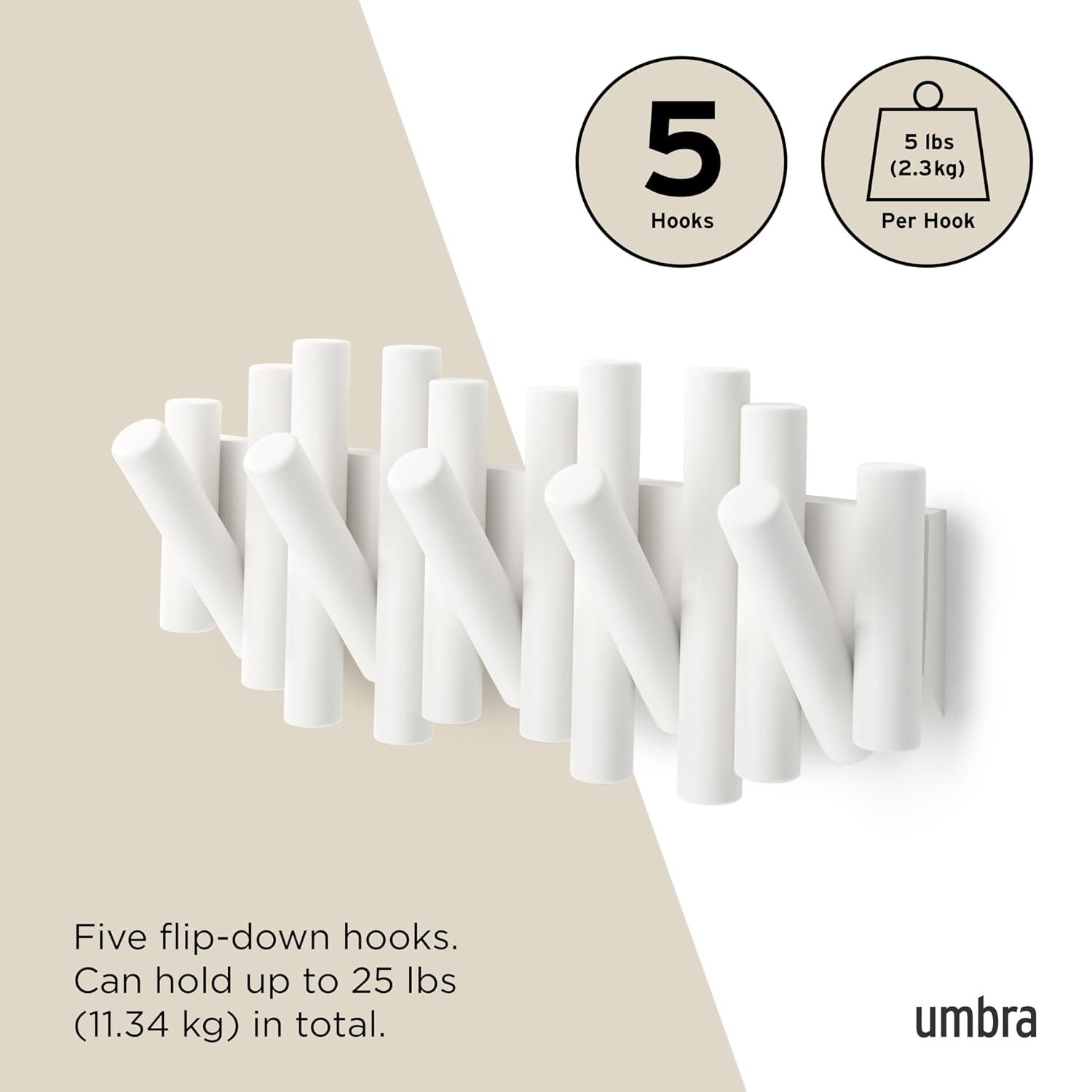 Umbra Picket Rail Hook White: 5 Decorative Hooks, Pine Material, 25 lb Capacity, 15.63" Length, 5-Year Warranty