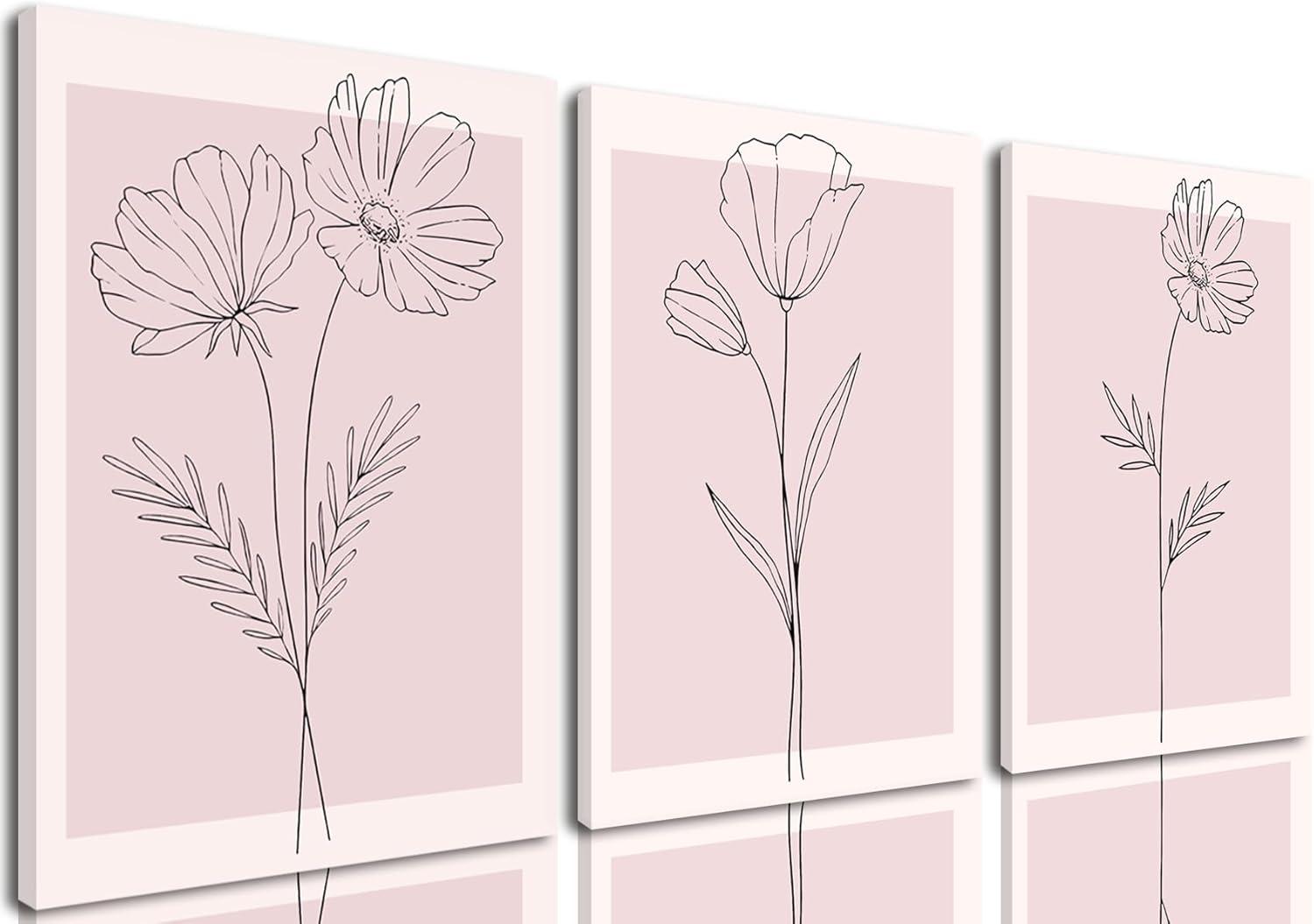 Lark Manor™ 3 Pieces Minimalism Botanical Canvas Wall Art Pink Flowers Line Plants Pictures Wall Decor Posters Print Artwork For Girls' Room Living Room Bedroom Bathroom Office Home Decoration