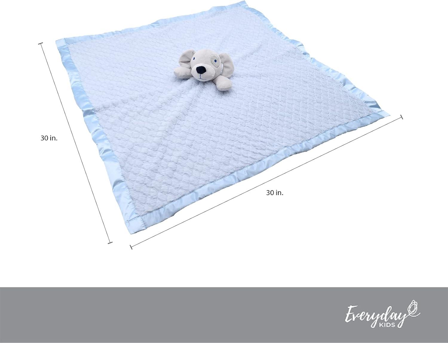 EVERYDAY KIDS Large Lovey Baby Security Blanket Sweet Dog Stuffed Animal on 30” Blue Snuggle Baby Blanket; Fluffy Fleece with Attached Plush Toy