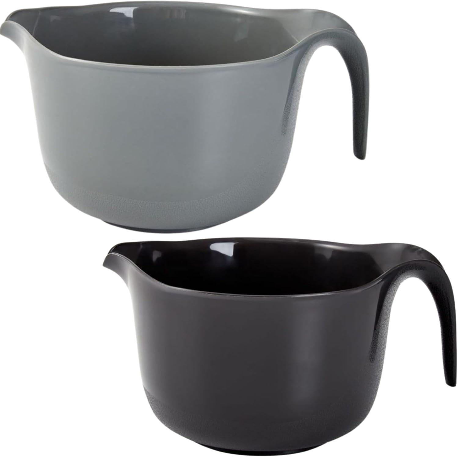 Large Mixing Bowl Set of 2, Plastic Mixing Bowls with Handles & Pour Spout - Batter Bowl Set Black & Gray