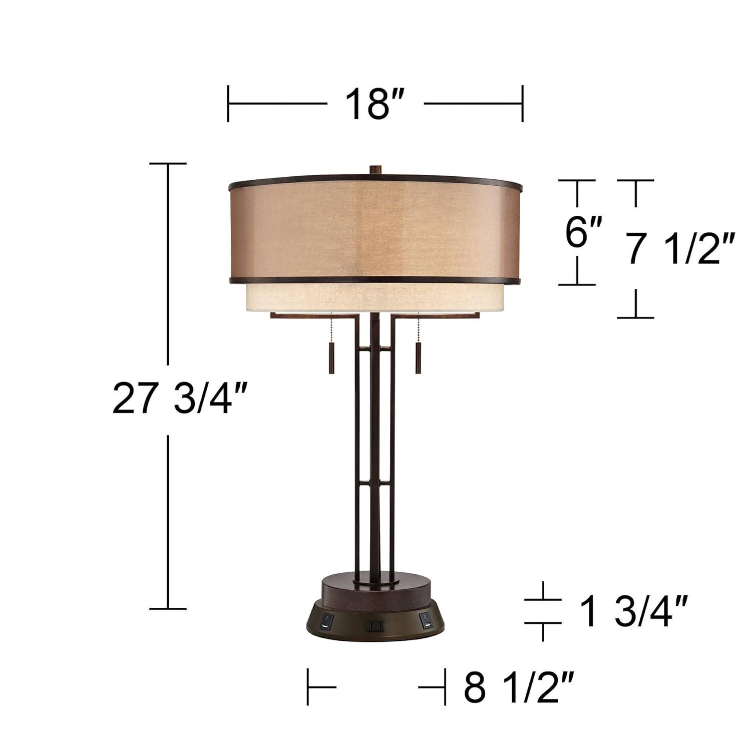 Franklin Iron Works Industrial Table Lamp with USB and AC Power Outlet Workstation Charging Base 26" High Bronze Double Shade Living Room