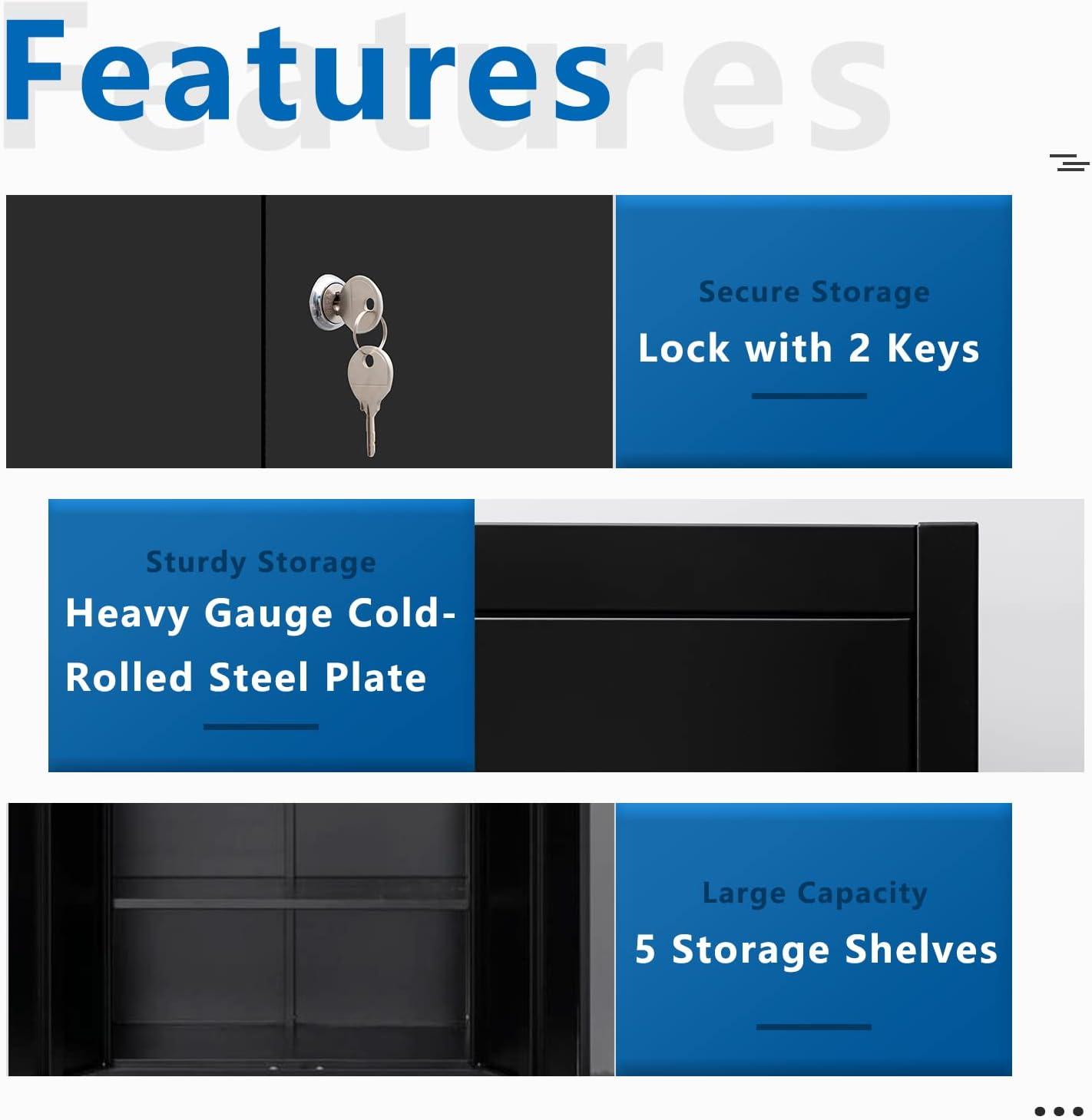 Metal Storage Cabinet, Locking Cabinet with 5 Adjustable Shelves for Garage, Office, Home, Classroom- Black