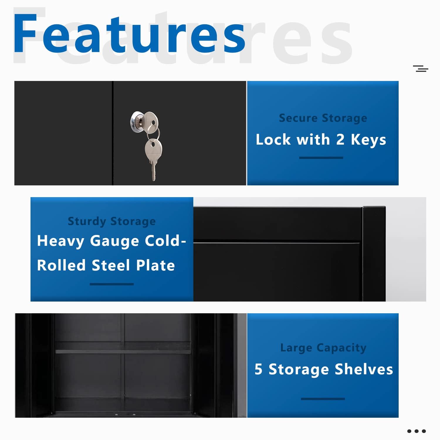 Metal Storage Cabinet, Locking Storage Cabinet with 5 Adjustable Shelves, Metal Cabinets for Garage, Office, Home, Classroom- Black
