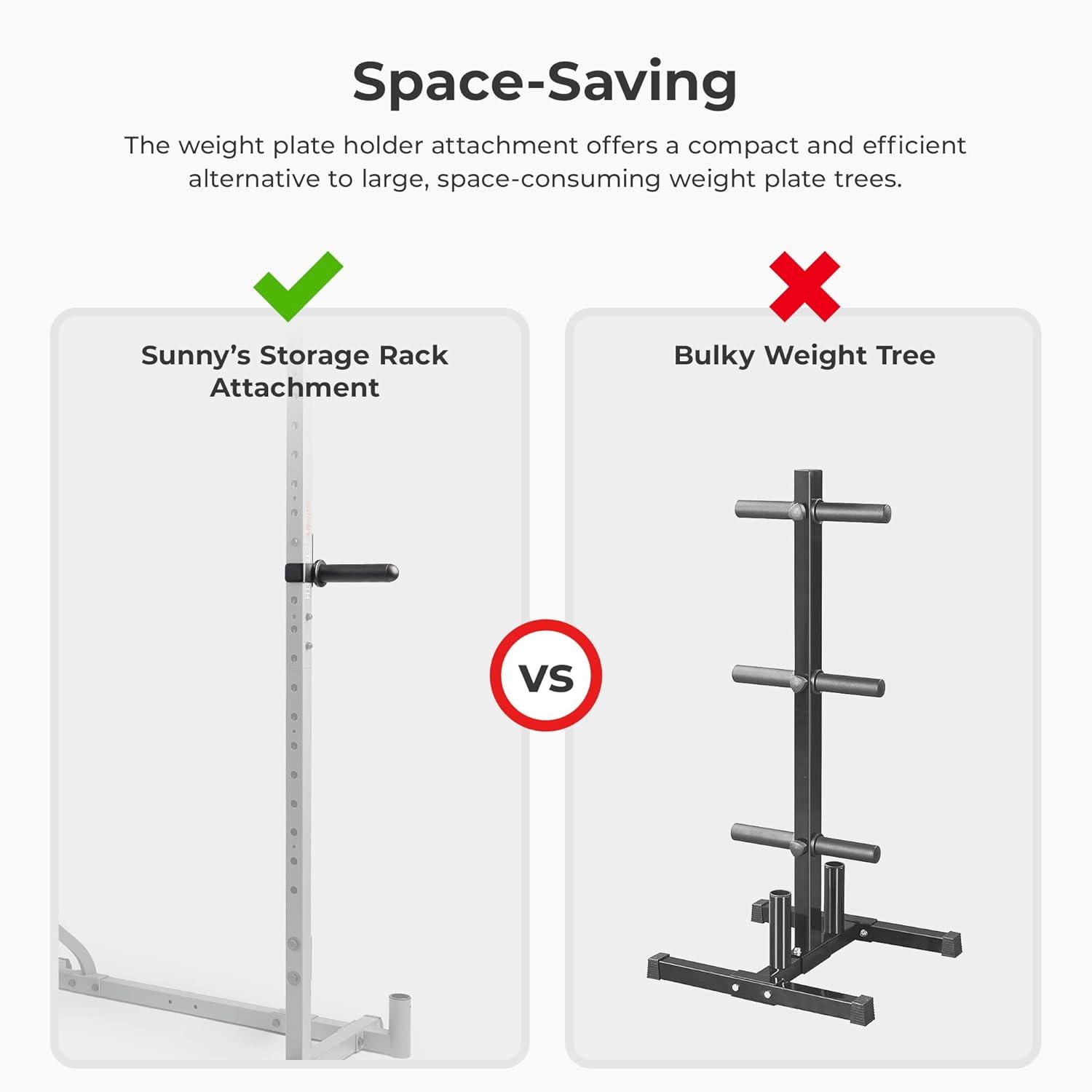 Sunny Health & Fitness Adjustable Weight Plate Storage Rack Attachment Accessory for Power Rack and Cage– Fits 1” and 2” Inch Olympic Style Weight Plates w Free SunnyFit® App Membership - SF-XFA010