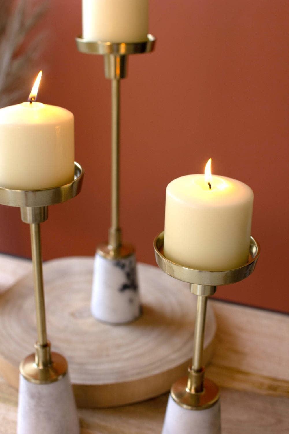 Gold Brass and Marble Pillar Candle Holders, Set of 3