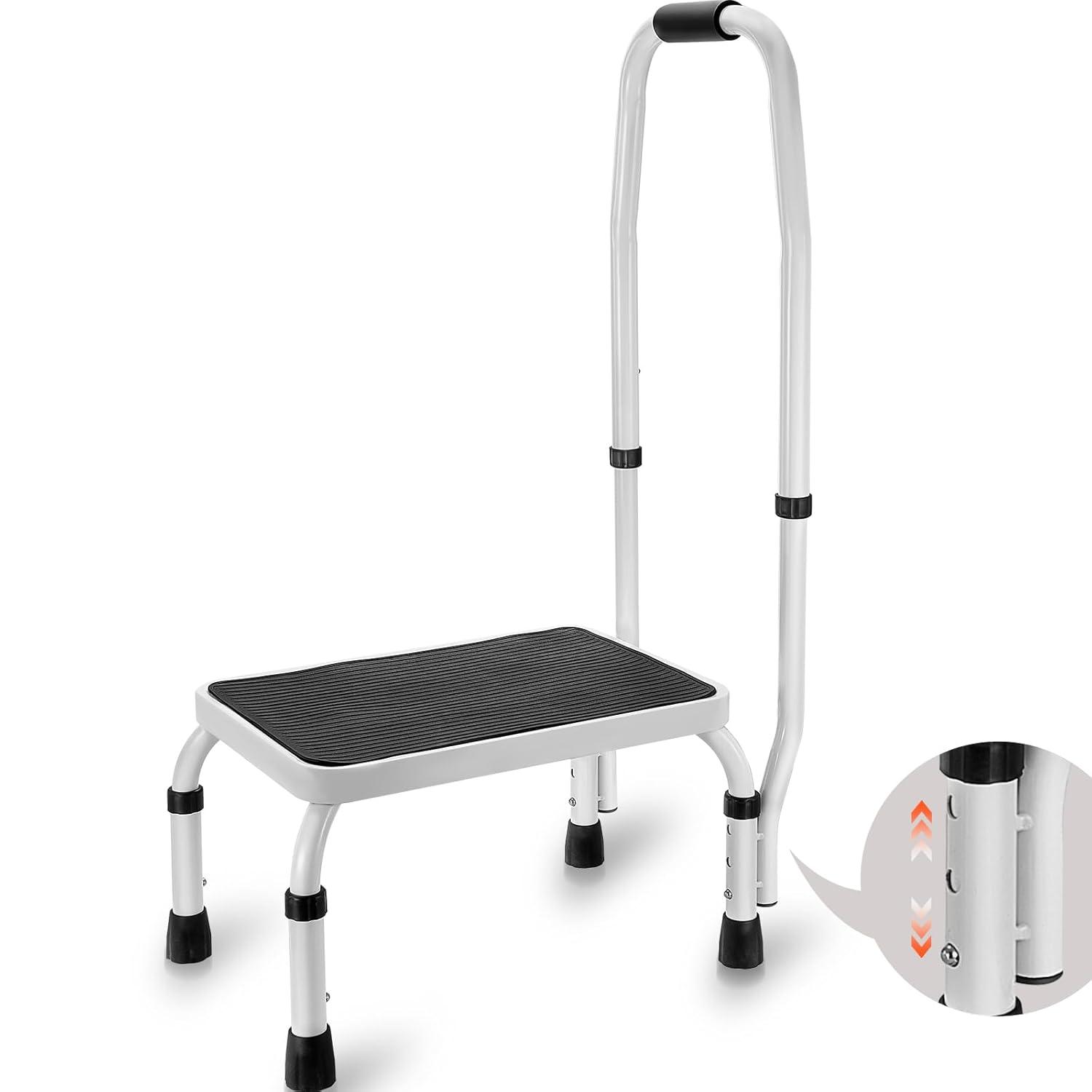 HCY Step Stool 1-Step 330lbs Capacity, 3 Adjustable Height with Handle Steel Step Ladder, Portable Toddler Step Stools for Adults, Non-Slip Sturdy Step Ladders for Office, RVs, Pets