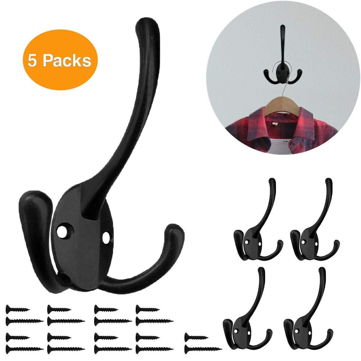 Wall Mounted Coat Hooks 5 Pack Heavy Duty Black Hardware Robe Hooks tive for Single Hanging Coats Towel Cubicle Classroom Kitchen Bath Backpack
