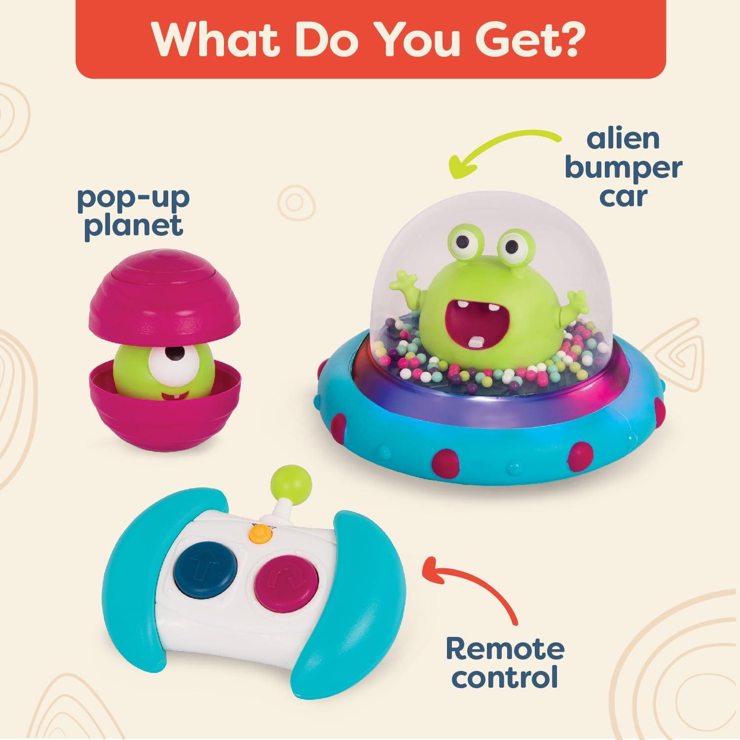 B. toys – Vehicle Bumper Space Car – Light – Up – Simple Remote Control Car for Toddlers with Alien Driver – Marky Mars – 12+ Months