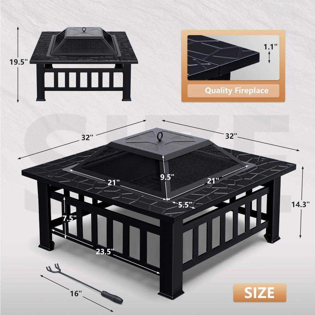 32'' Black Square Metal Fire Pit Table with Spark Screen and Rain Cover