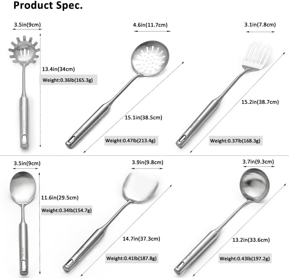 Cooking Utensils Set Stainless Steel Kitchen Metal Serving Utensils Set of 6 Pcs-Wok Spatula Ladle Set, Skimmer Slotted Spoon, Pasta Spoon, Serving Spoon, Slotted Spatula Tunner,Dishwasher Safe