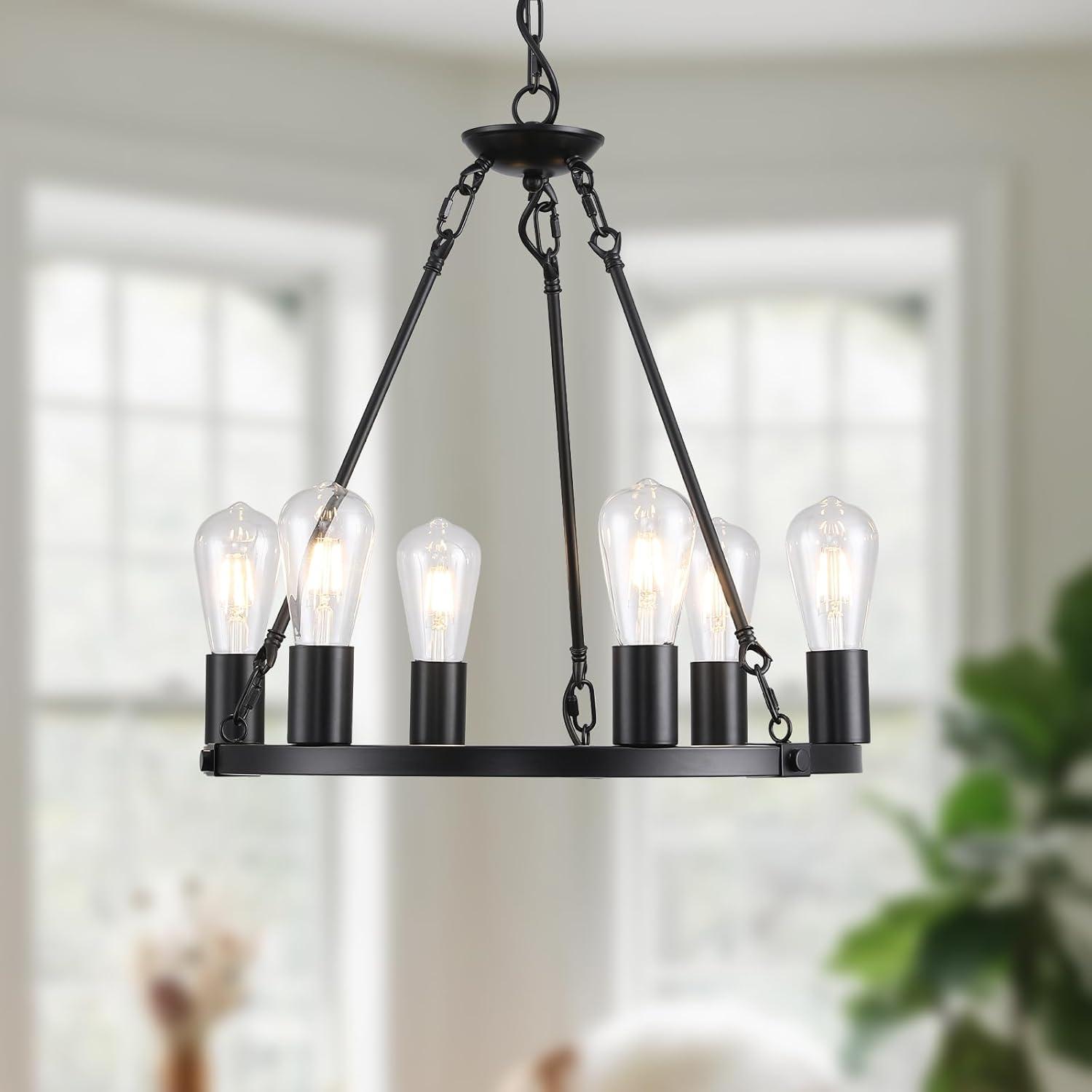 Matte Black Metal Wagon Wheel 6-Light Chandelier