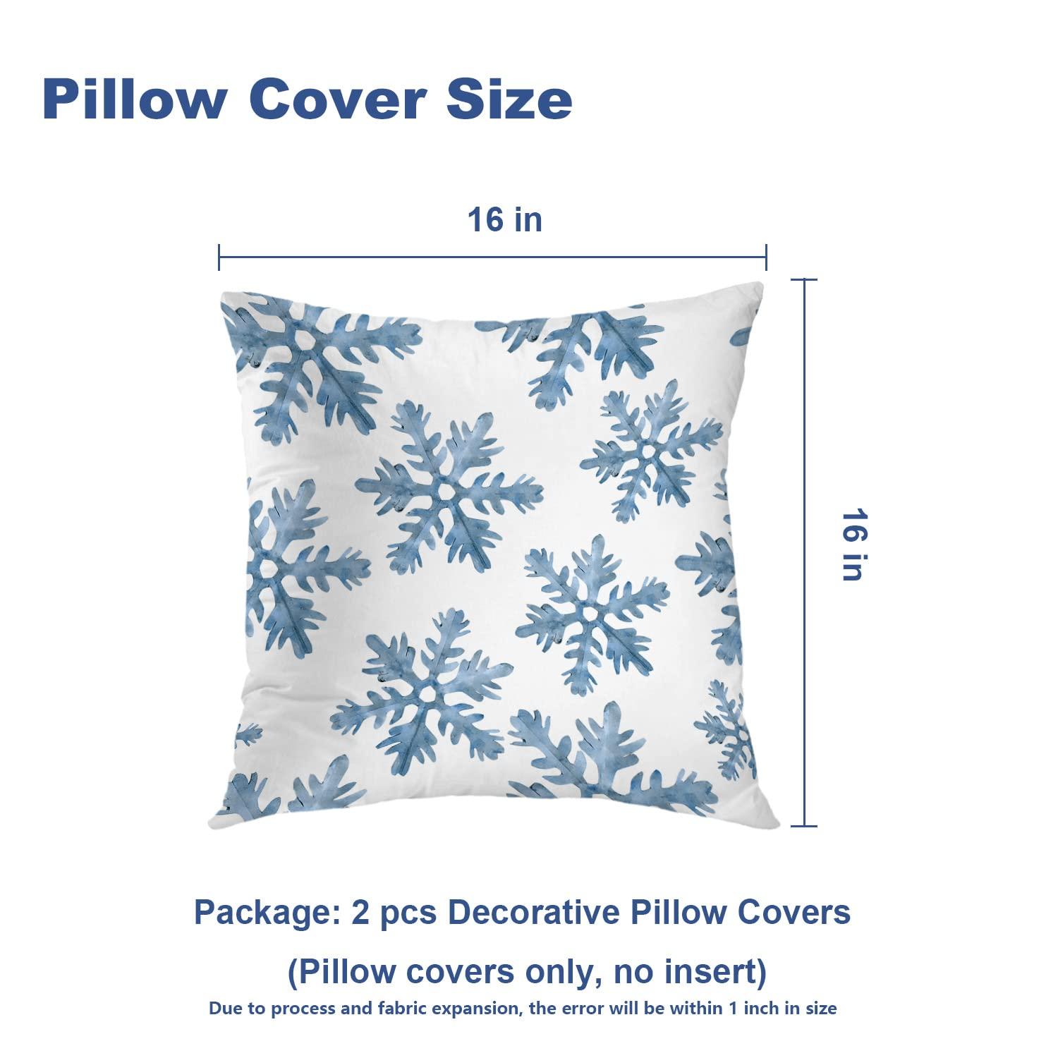 Batmerry Christmas Blue Decorative Pillow Covers, 16 x 16 Inch Blue Snow Winter with Snowflakes Falling White Crystal Double Sided Throw Pillow Covers Sofa Cushion Cover Square 16 Inches(Set of 2)