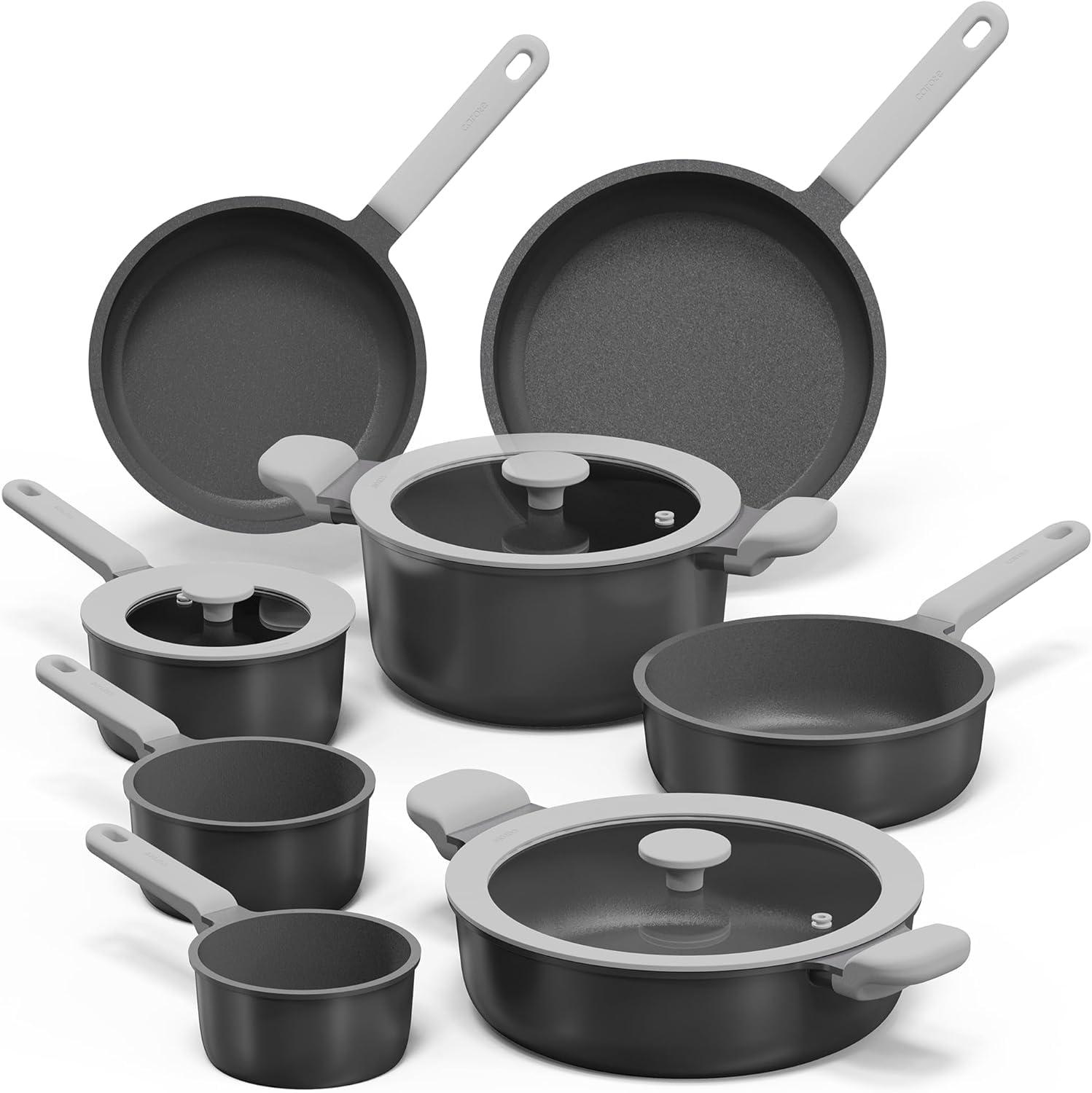 Carote 16 Pcs Nonstick Cookware Sets, Premium Pots and Pans Set, Easy to Clean, Grey and Gold