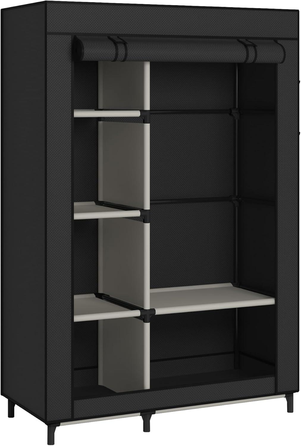 Calmootey Portable Closet Organizers, Clothing Storage, Wardrobe with 6 Shelves and Hanging Rod, Non-Woven Fabric Cover with 4 Side Pockets, Black