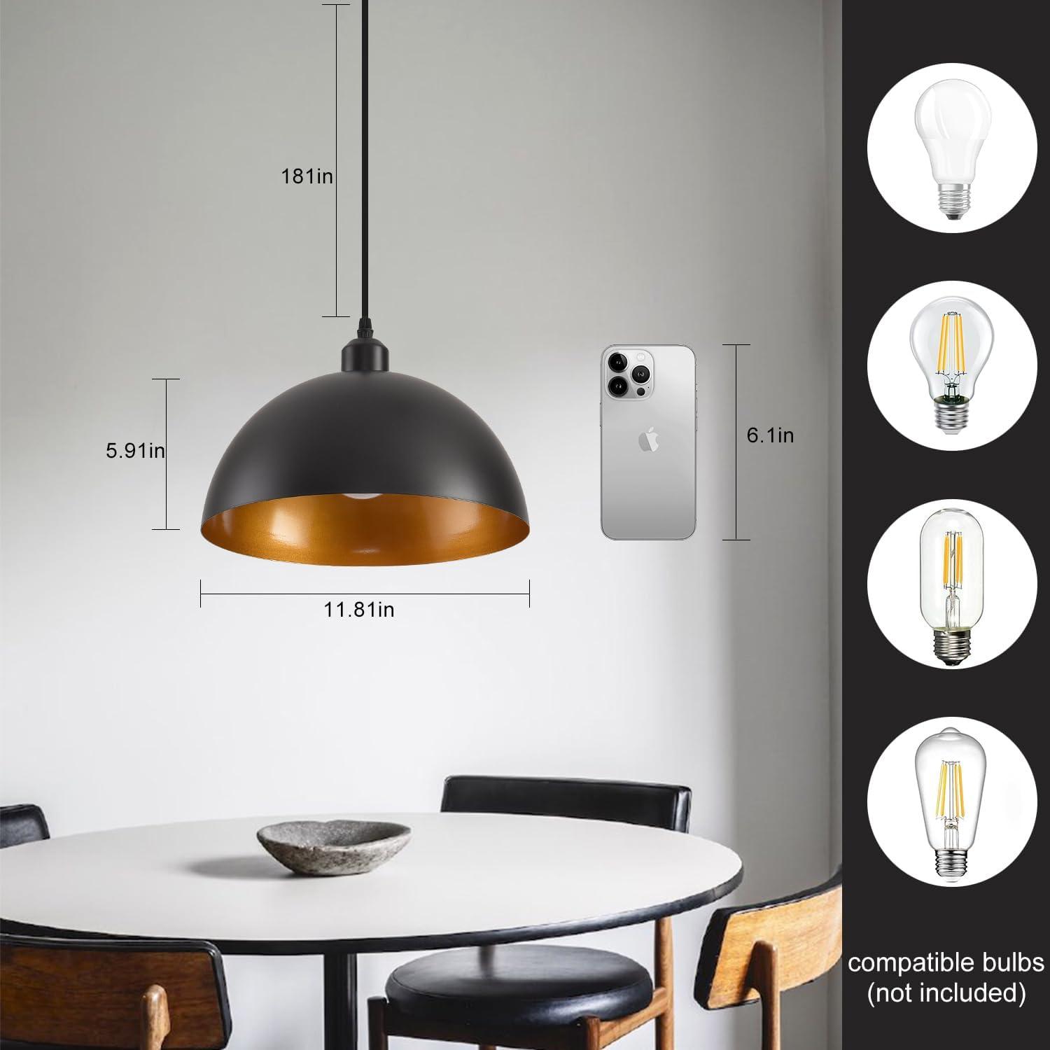 2-Pack Black Pendant Lights, 11.81'' Modern Pendant Lights Kitchen Island, Dome Large Pendant Light for Dining Room Foyer Bedroom Entryway Hallway Light Fixtures