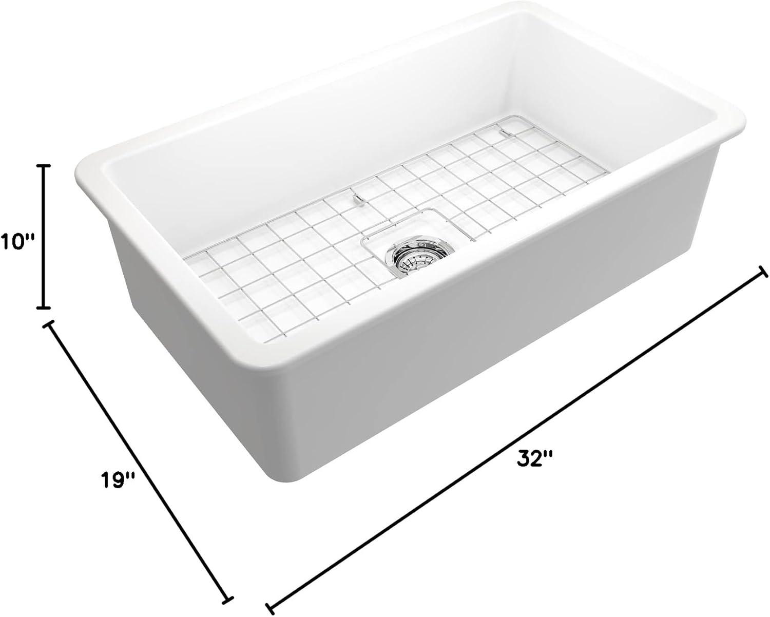 BOCCHI Sotto Undermount Fireclay 32 in. Single Bowl Kitchen Sink with Protective Bottom Grid and Strainer in Matte White