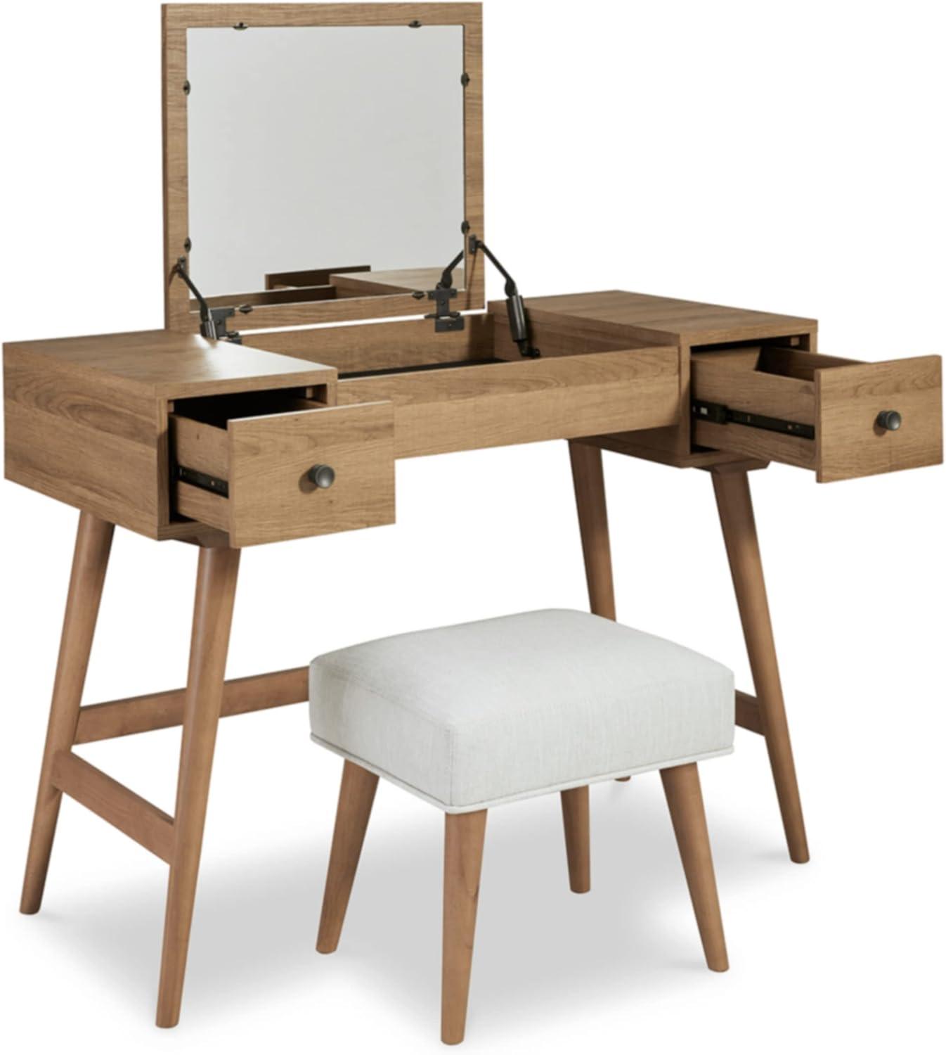 Signature Design by Ashley Contemporary Thadamere 2 Drawer Vanity with Stool, Light Brown