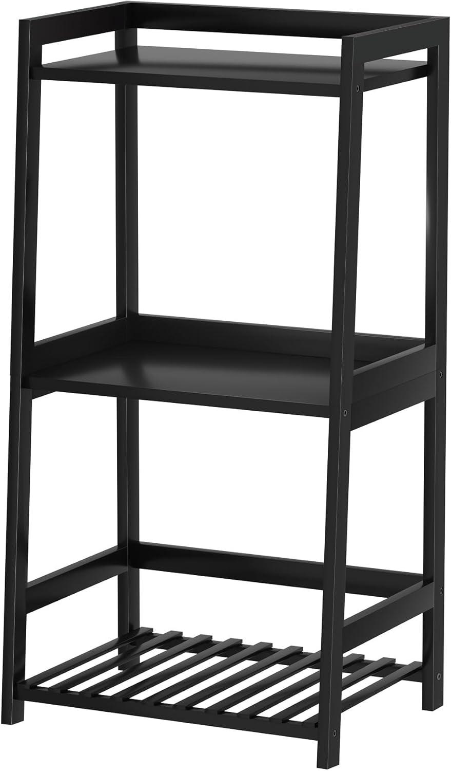 Black Bamboo 3-Tier Ladder Shelf with Drawer