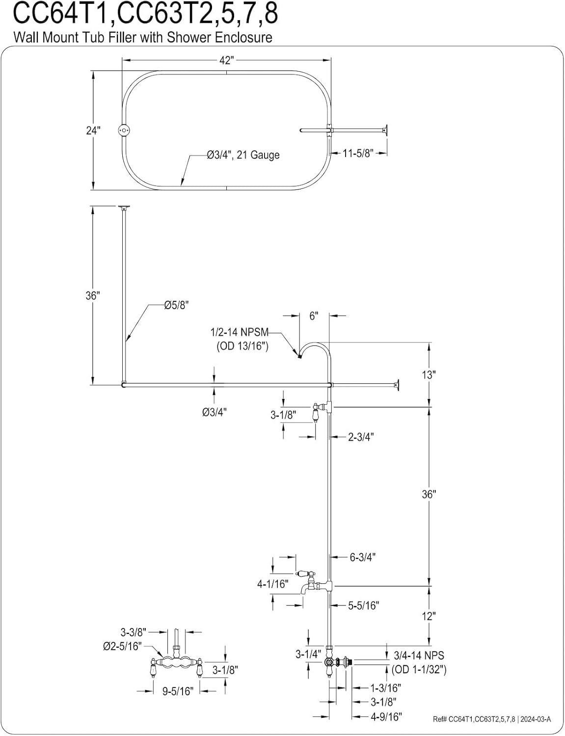 Kingston Brass CC63T2 Kingston Brass Vintage Three-Handle 2-Hole Tub Wall Mount Clawfoot Tub Faucet with Shower Enclosure