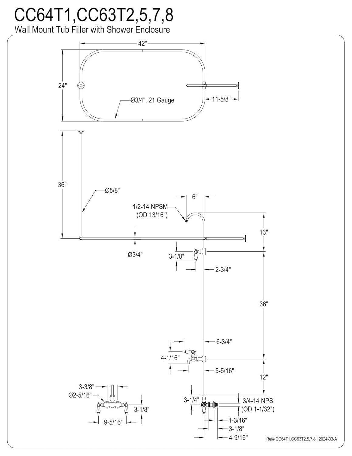 Kingston Brass CC63T2 Kingston Brass Vintage Three-Handle 2-Hole Tub Wall Mount Clawfoot Tub Faucet with Shower Enclosure