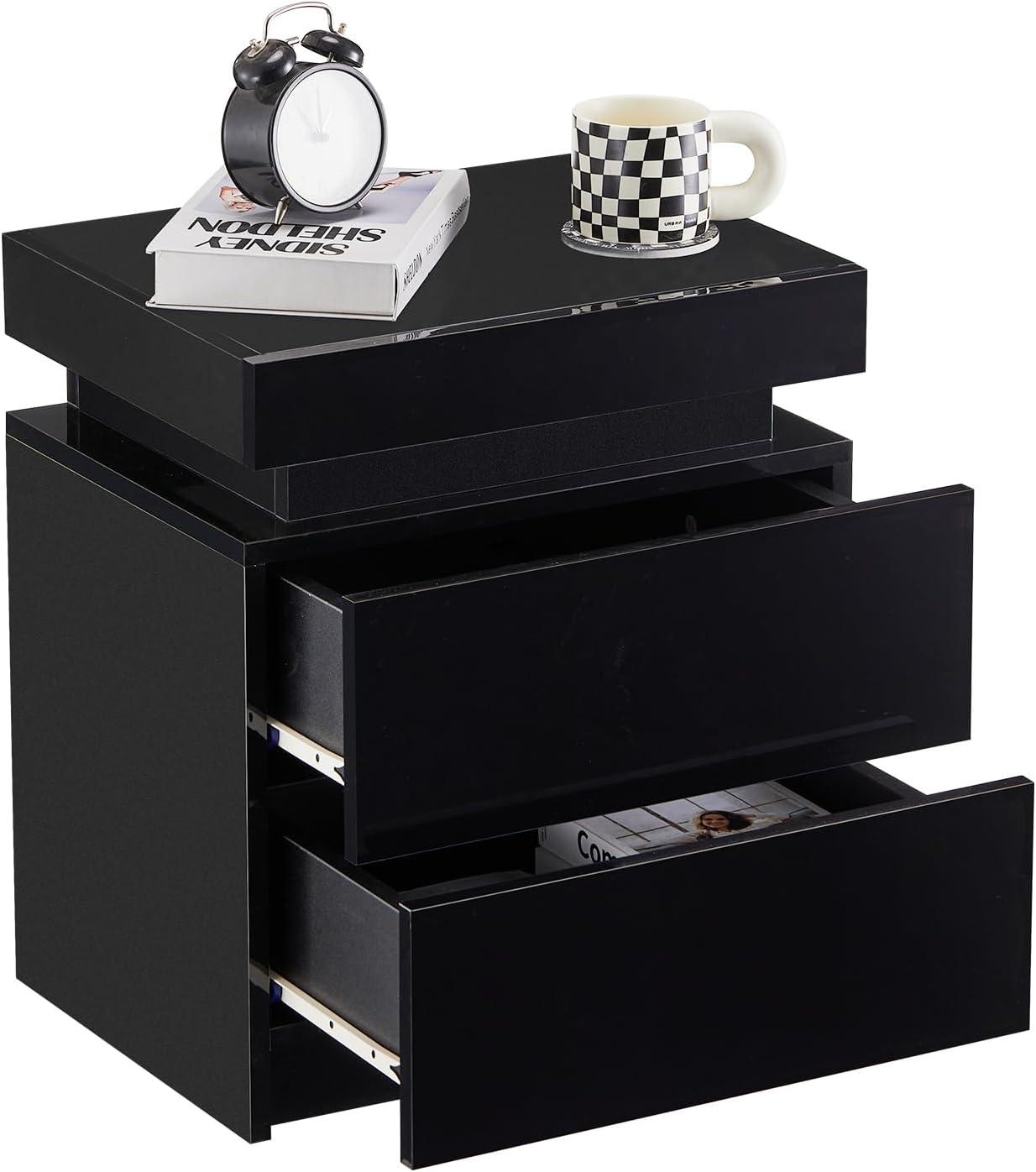 White High Gloss 3-Drawer Nightstand with LED Lights