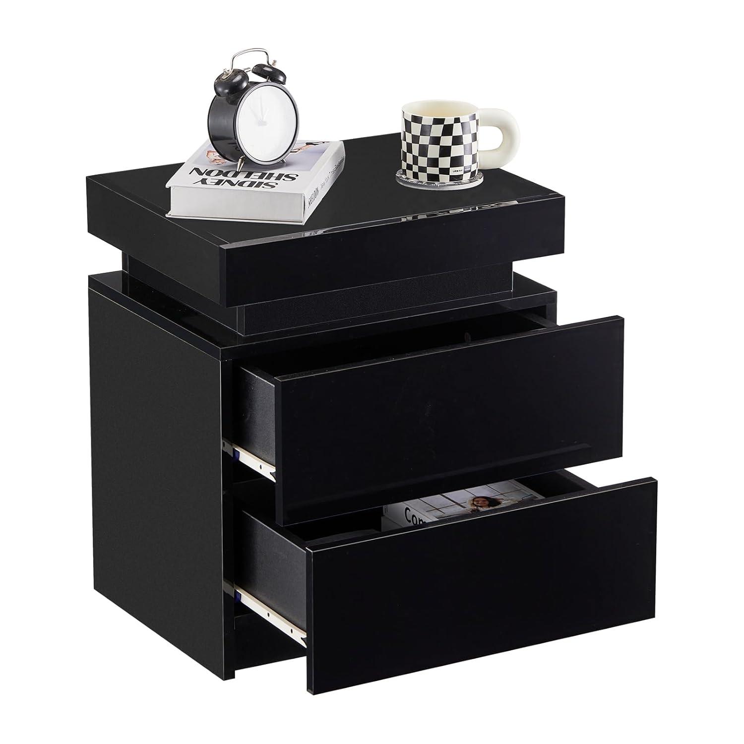 White High Gloss 3-Drawer Nightstand with LED Lights