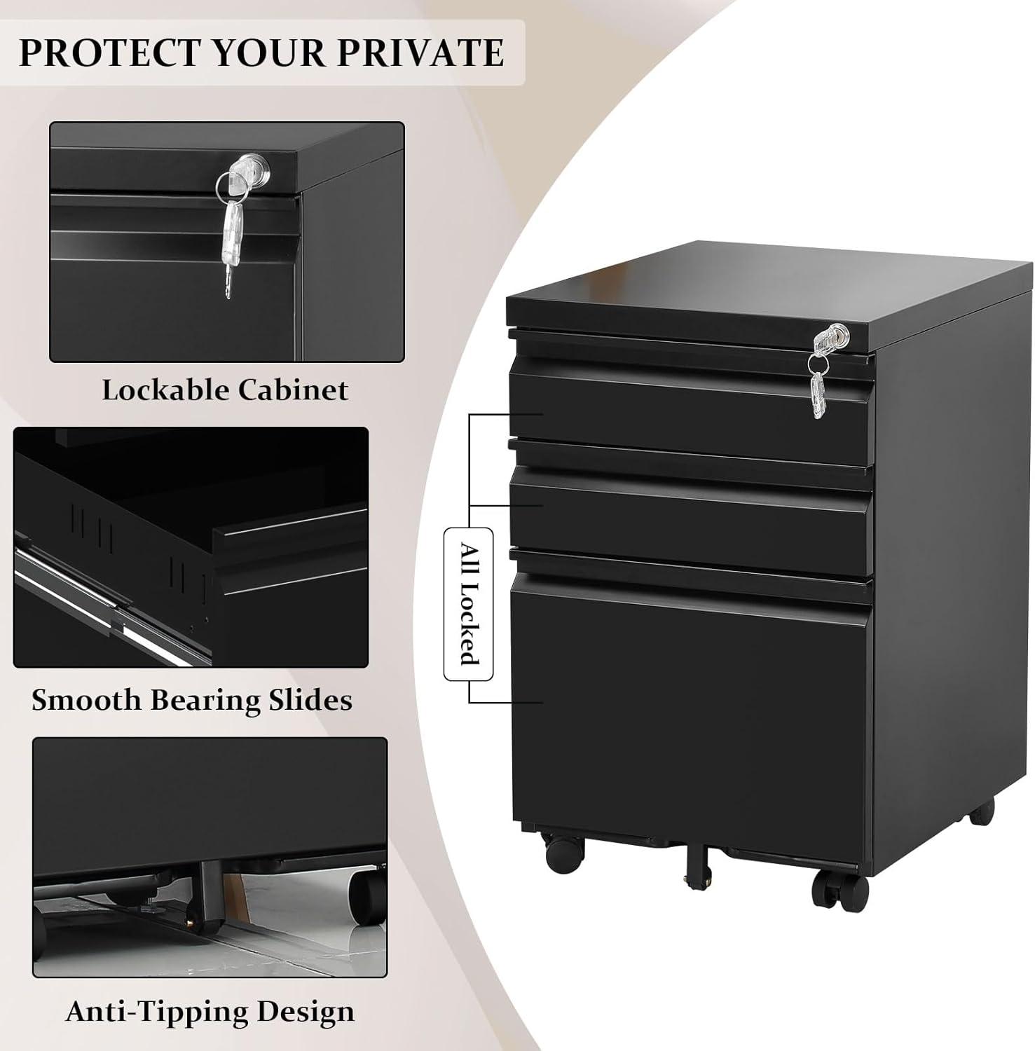 MIIIKO File Cabinet 3 Drawers on Wheels Under Desk, Black Metal Rolling File Cabinets with Lock for Home Office, Un-Assembled Filing Cabinet with Lock