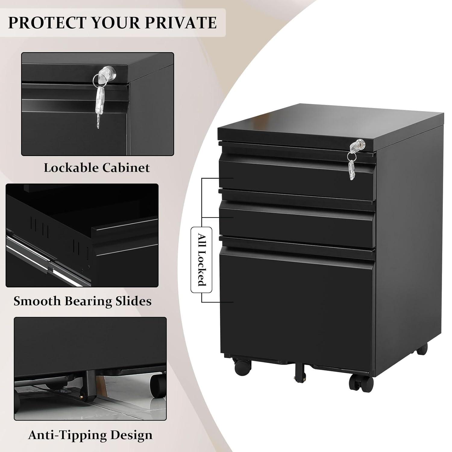 MIIIKO File Cabinet 3 Drawers on Wheels Under Desk, Black Metal Rolling File Cabinets with Lock for Home Office, Un-Assembled Filing Cabinet with Lock