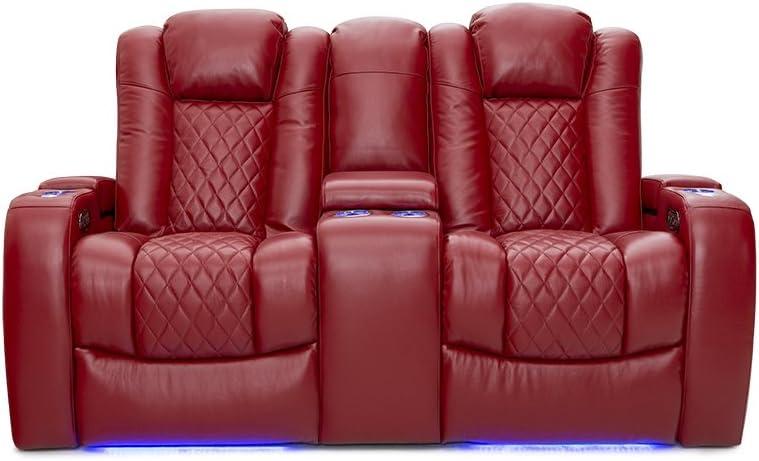 Seatcraft Anthem Home Theater Leather Loveseat Power Reclining 2-Row Seating with Power Headrest, LED lights, Center Table, Cupholders, AC/USB Outlets, and Hidden Storage in Red