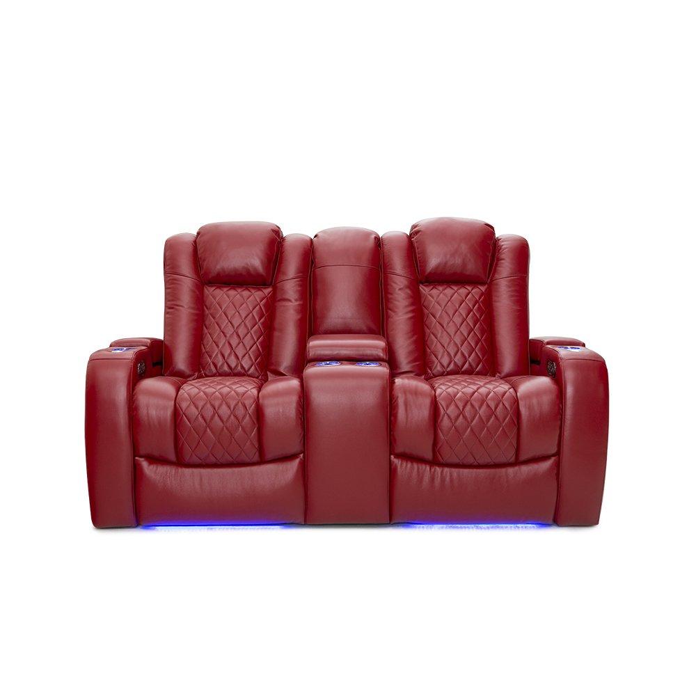 Seatcraft Anthem Home Theater Leather Loveseat Power Reclining 2-Row Seating with Power Headrest, LED lights, Center Table, Cupholders, AC/USB Outlets, and Hidden Storage in Red