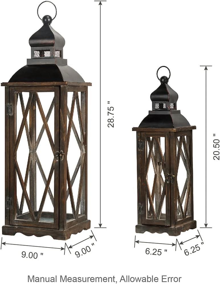 Glitzhome 2 Pack Farmhouse Wood/Metal Decorative Candle Lanterns Vintage Hanging Lantern for Patio - Tabletop, Black (No Glass)