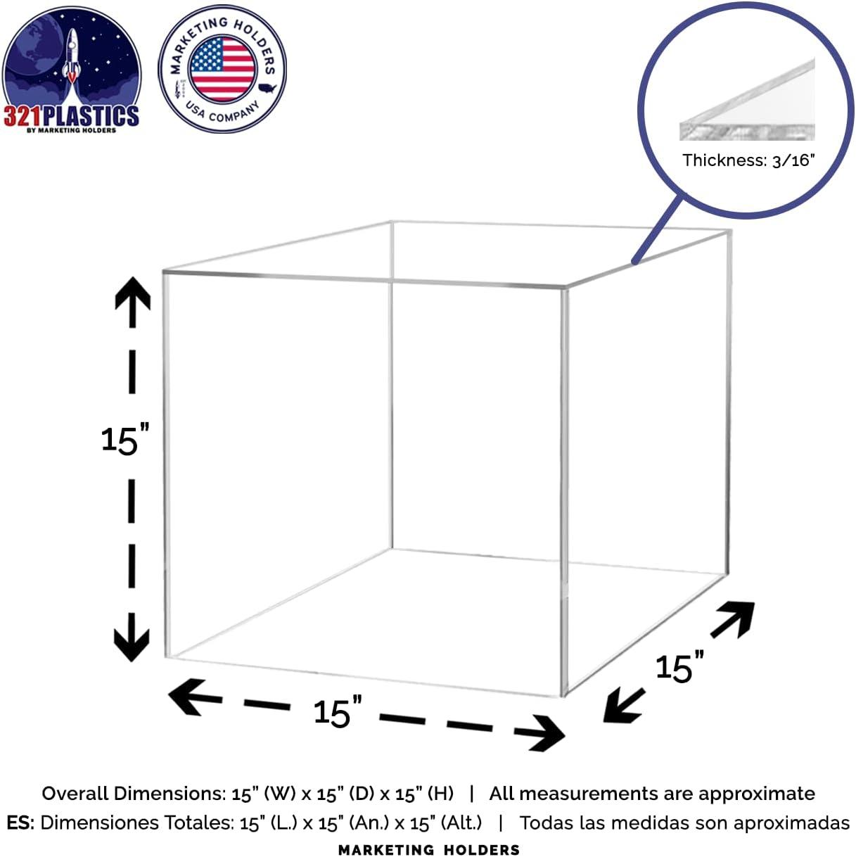 15" Clear Acrylic Display Riser Box with One Open Side No Lid Versatile One Piece Square Plastic Merchandise Storage Bin or Retail Product Riser No Assembly by Marketing Holders